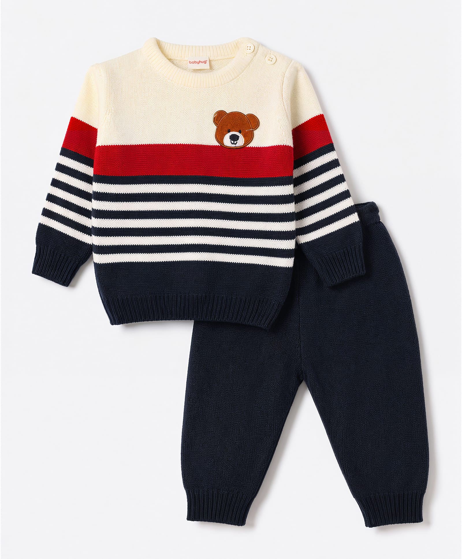 Babyhug Knit Full Sleeves Striped & Bear Embroidered Sweater Set - White-picture-36