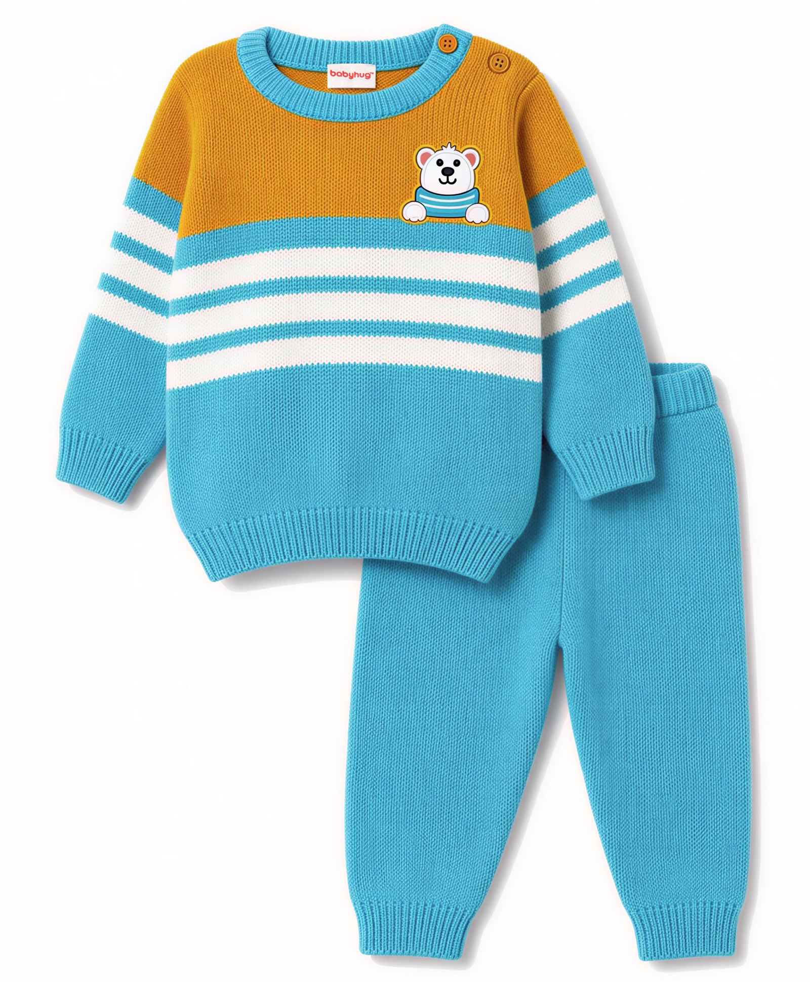 Babyhug Knit Full Sleeves Striped Sweater Set with Bear Design - Light Blue-picture-27