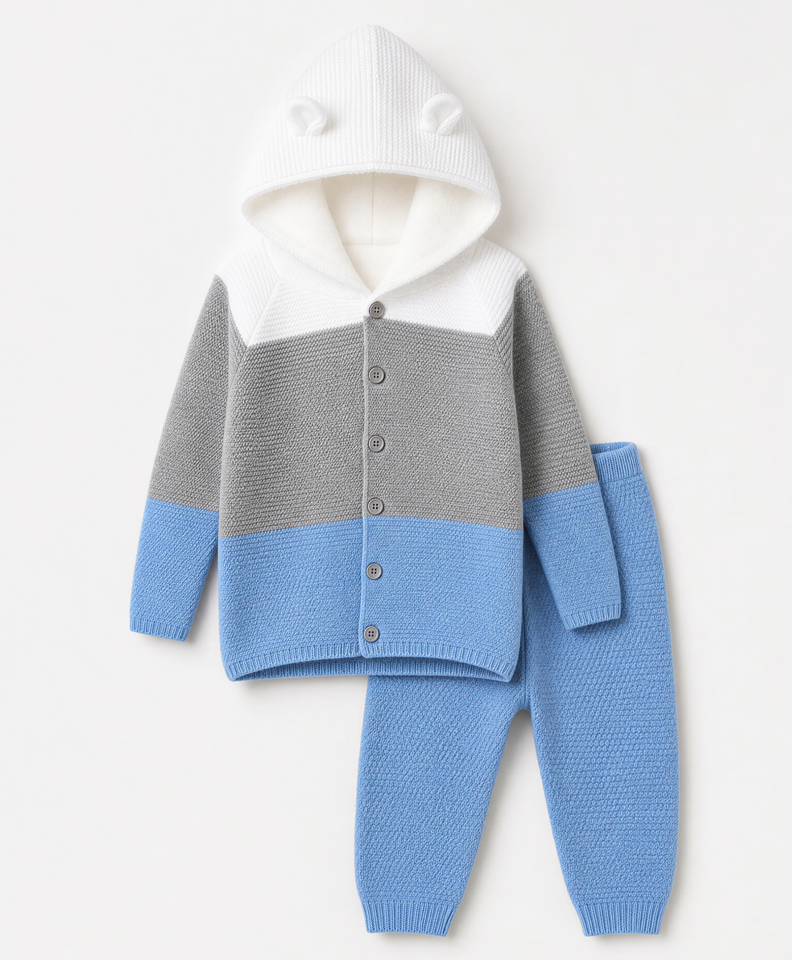 Babyhug Knit Raglan Full Sleeves Striped Hooded Sweater Set With Ear Applique - Grey-picture-27