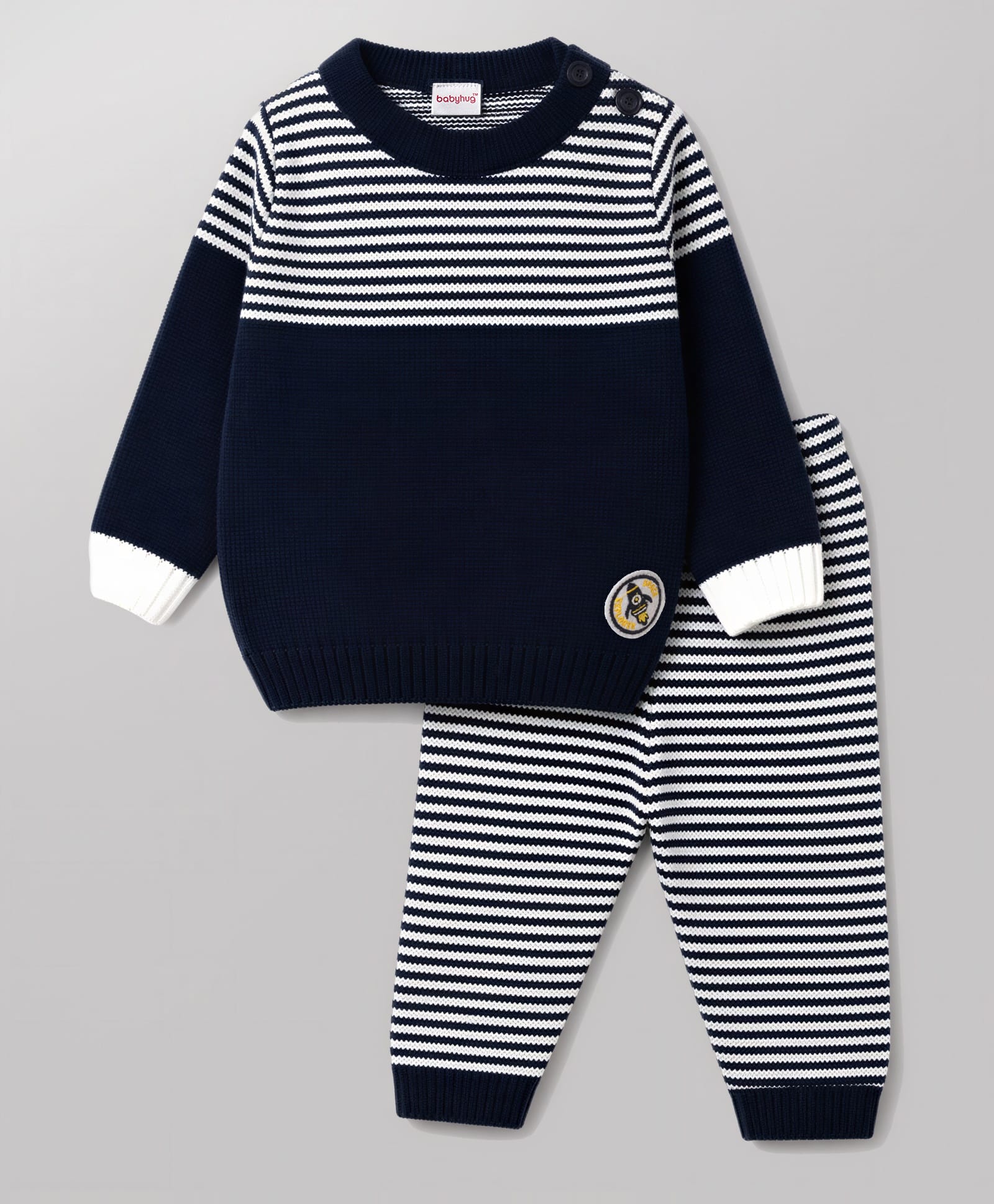 Babyhug Knit Full Sleeves Sweater Set with Stripes - Navy-image-36