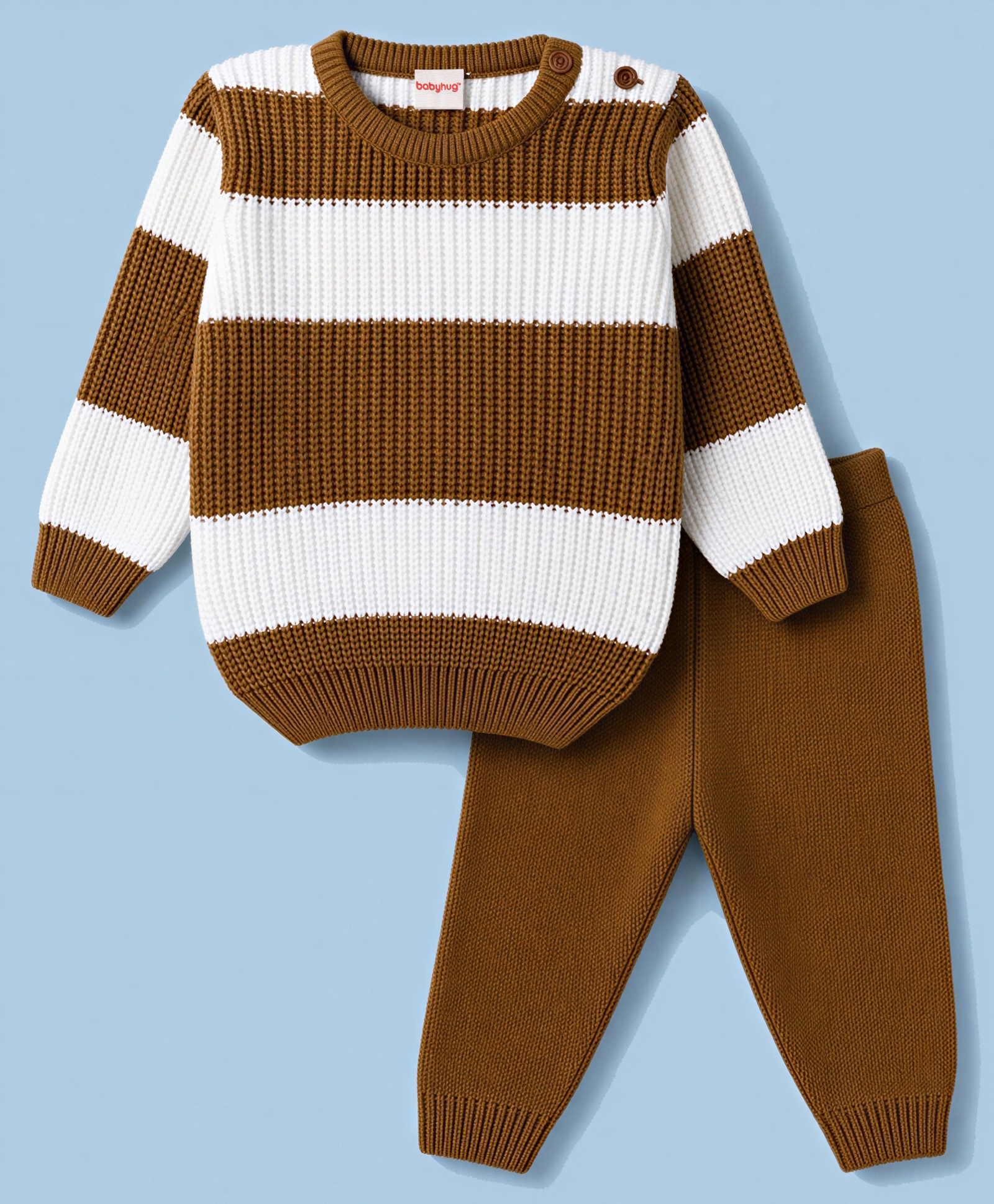 Babyhug Knit Full Sleeves Colour Block Striped Sweater Set - Brown-image-20