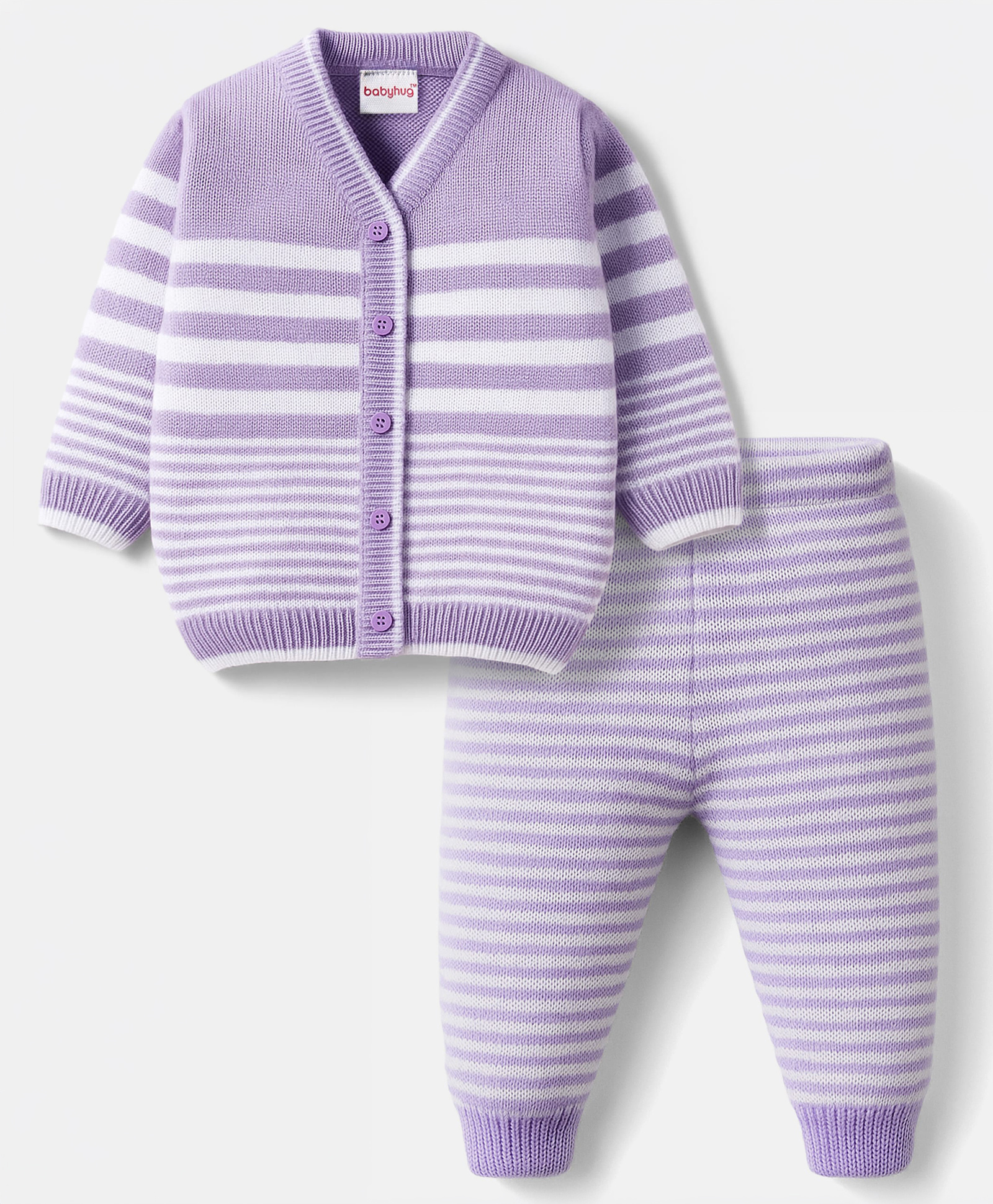 Babyhug Knit Full Sleeves Front Open Sweater Set with Stripes - Lavender-image-15