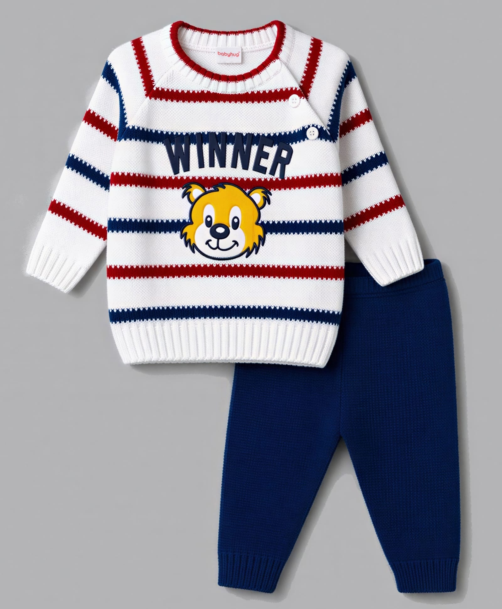 Babyhug Full Raglan Sleeves Striped & Tiger Embroidered Sweater Set - White & Navy Blue-image-49