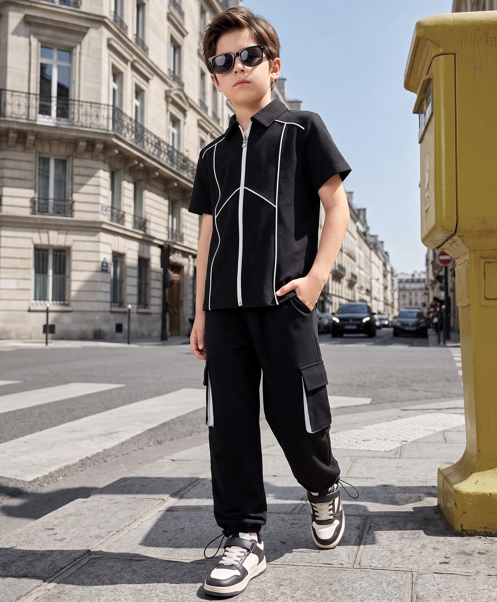 OLLINGTON ST. Taffeta Woven Half Sleeve Shirt & Joggers With Piping Details - Navy Blue-picture-11