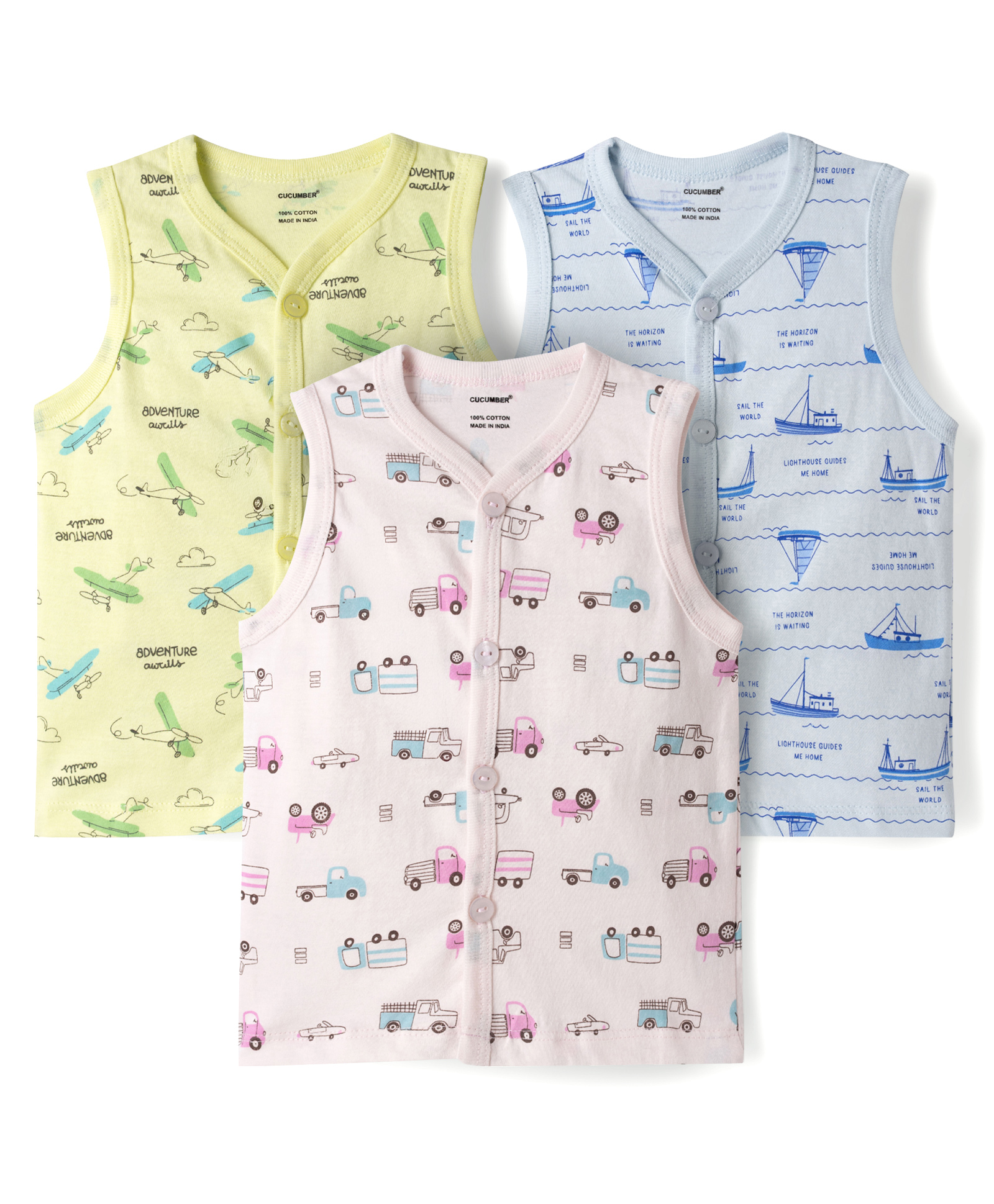 CUCUMBER Sinker Knit Sleeveless Nautical Theme & Vehicles Printed Jhablas Pack Of 3 - Pink Light Blue & Light Green-picture-35
