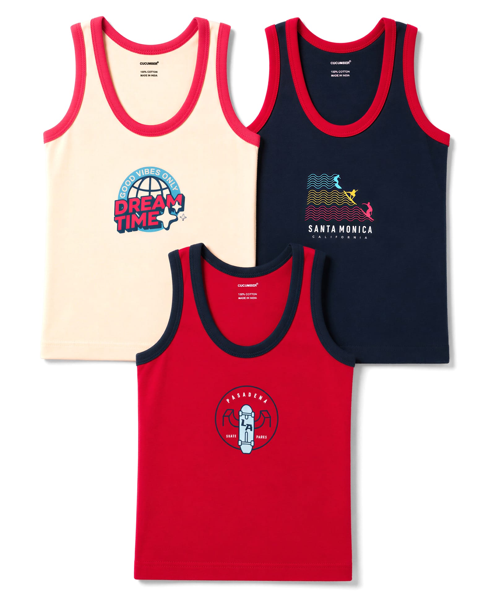 CUCUMBER Sinker Knit Sleeveless Printed Vests Pack of 3 - Red Ivory & Black-picture-36