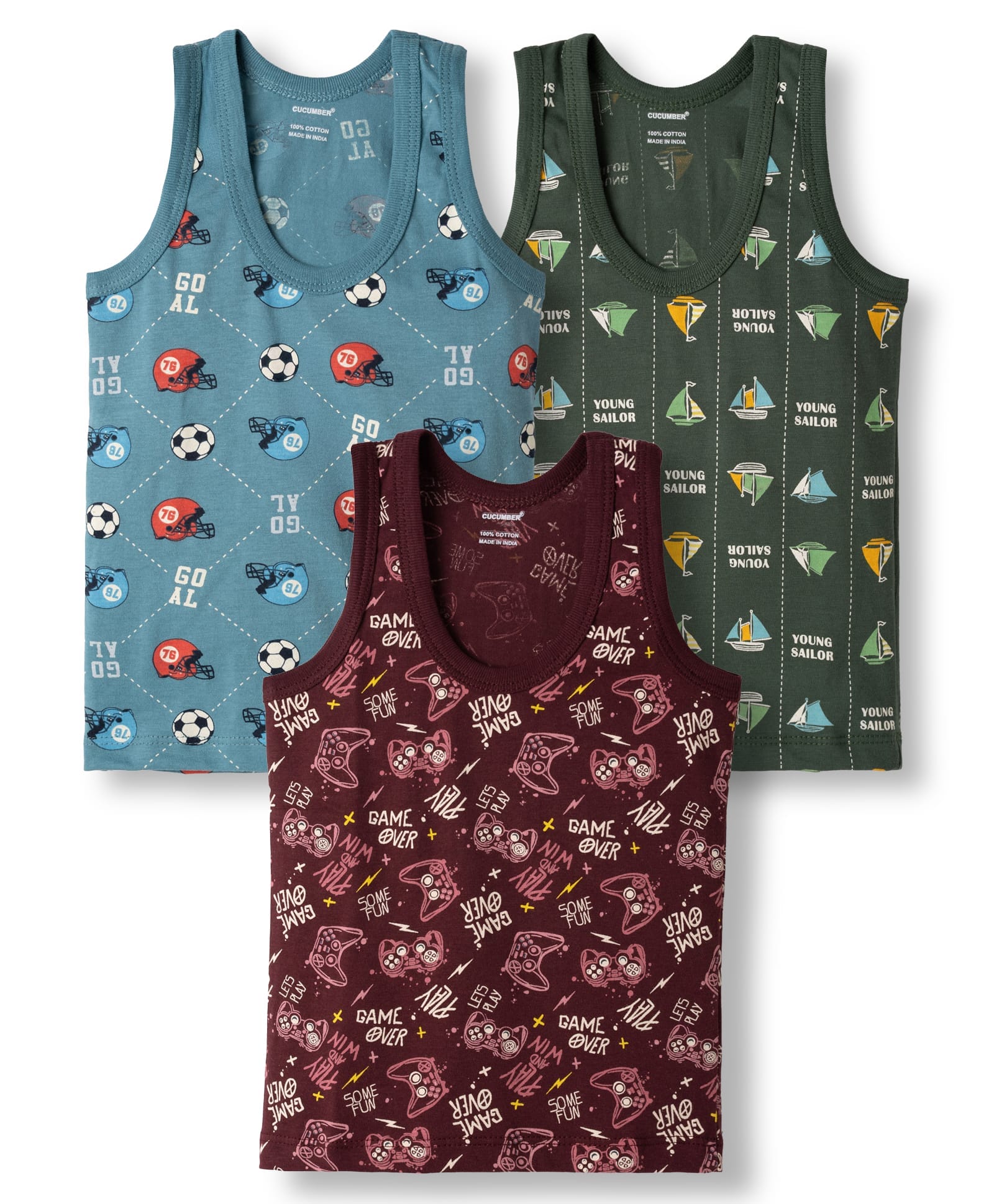 CUCUMBER Sinker Knit Sleeveless Printed Vests Pack of 3 - Green Blue & Maroon-picture-18