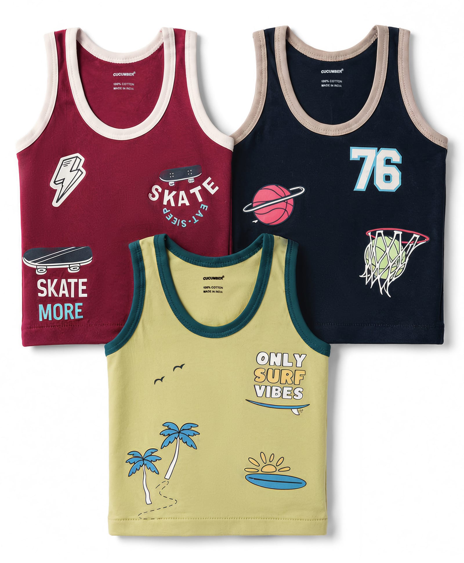 CUCUMBER Sleeveless Beach Theme Printed Vests Pack Of 3 - Navy Blue Wine & Light Green-image-36