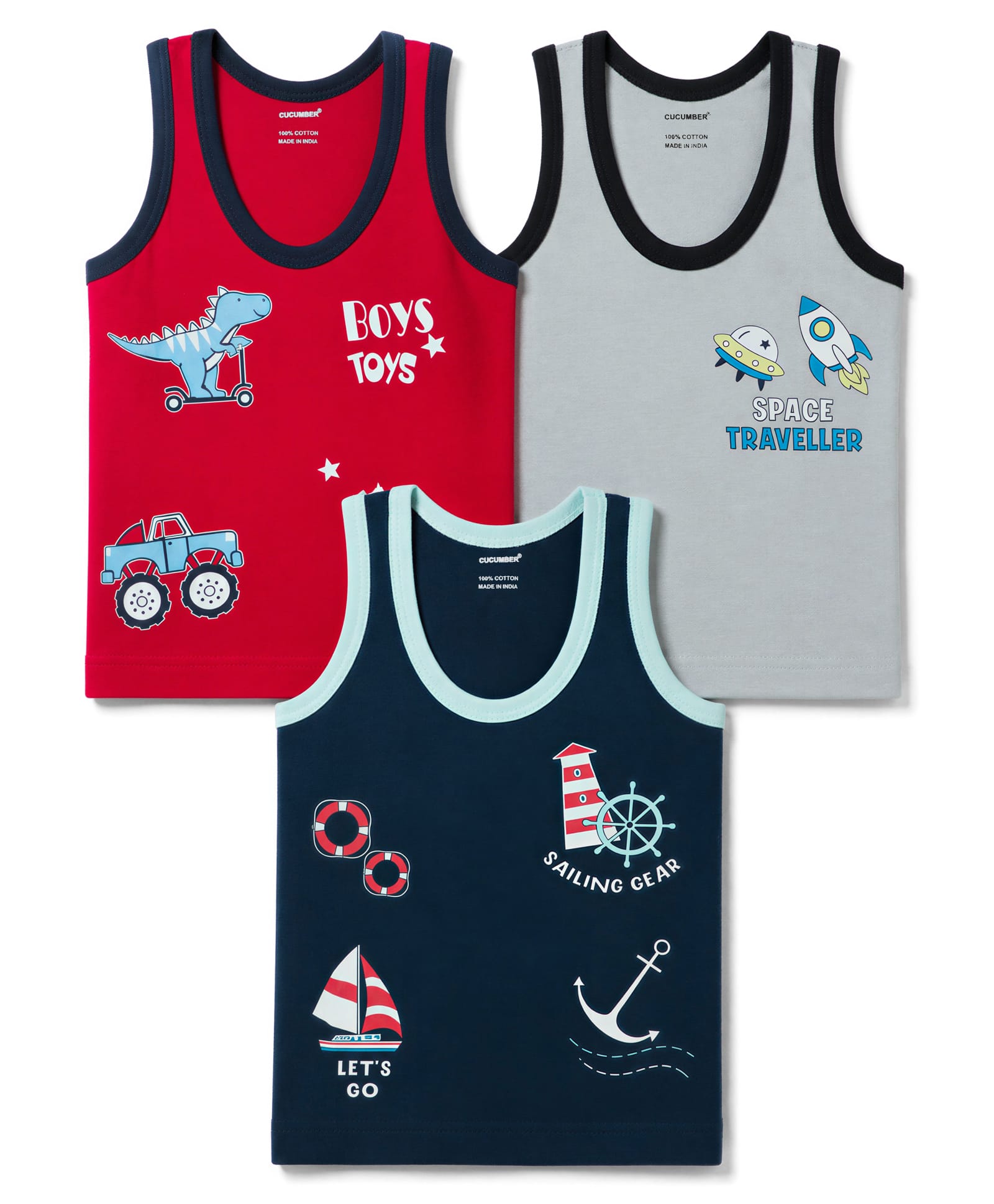 CUCUMBER Sinker Knit Sleeveless Printed Vests Pack of 3 - Red Grey & Navy Blue-image-31