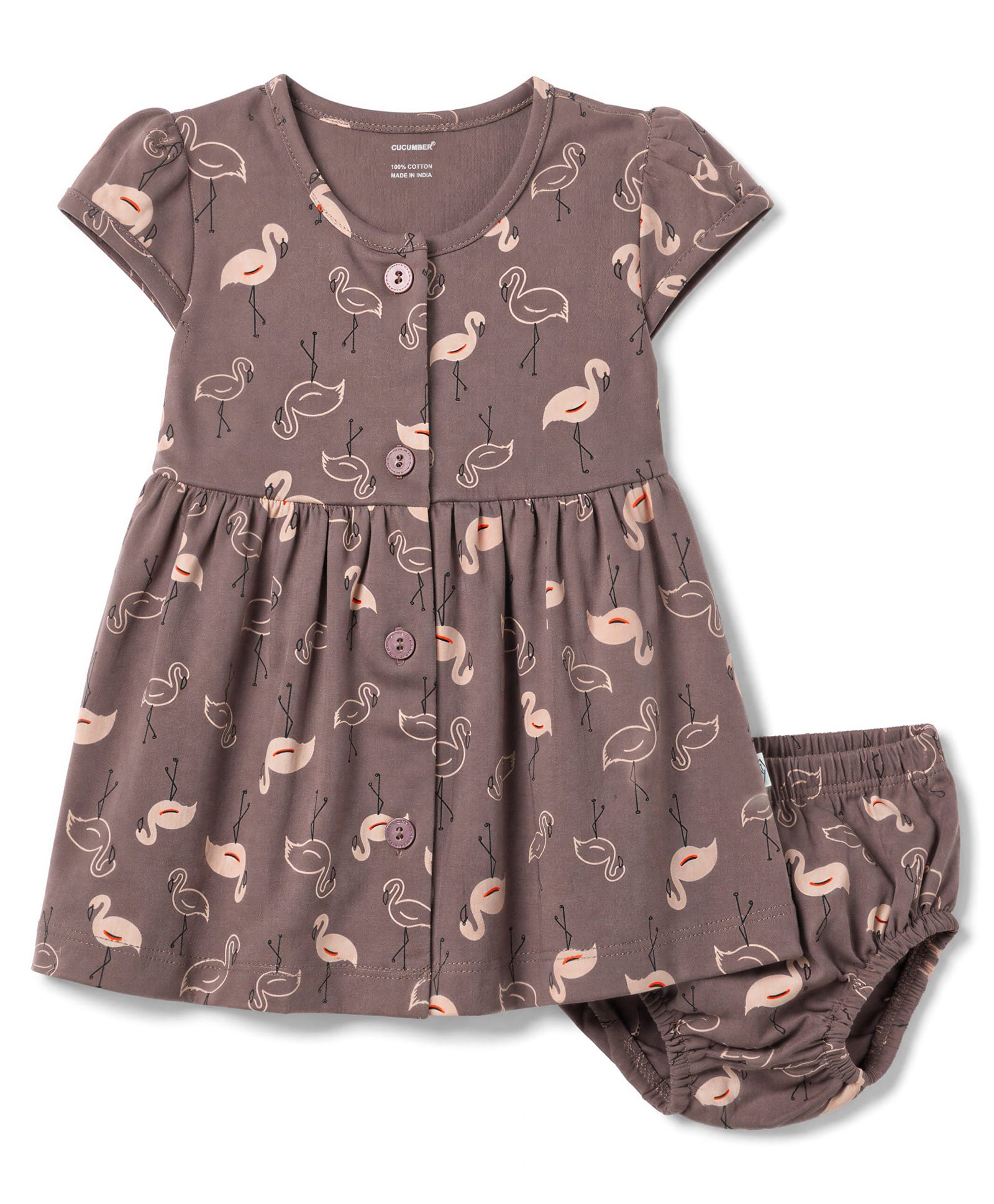 CUCUMBER Cotton Interlock Frocks with Bloomer/Short Half Sleeves Round Neck Flamingo Print Brown 3-6 Months-picture-14