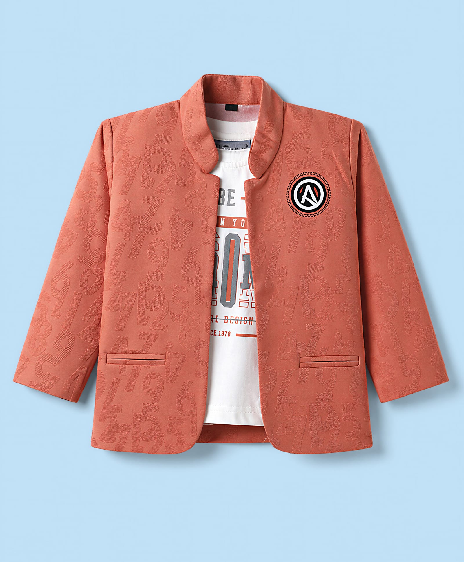 Dapper Dudes Woven Full Sleeves Numbers Printed Blazer With Typographic Tee - Peach-picture-36