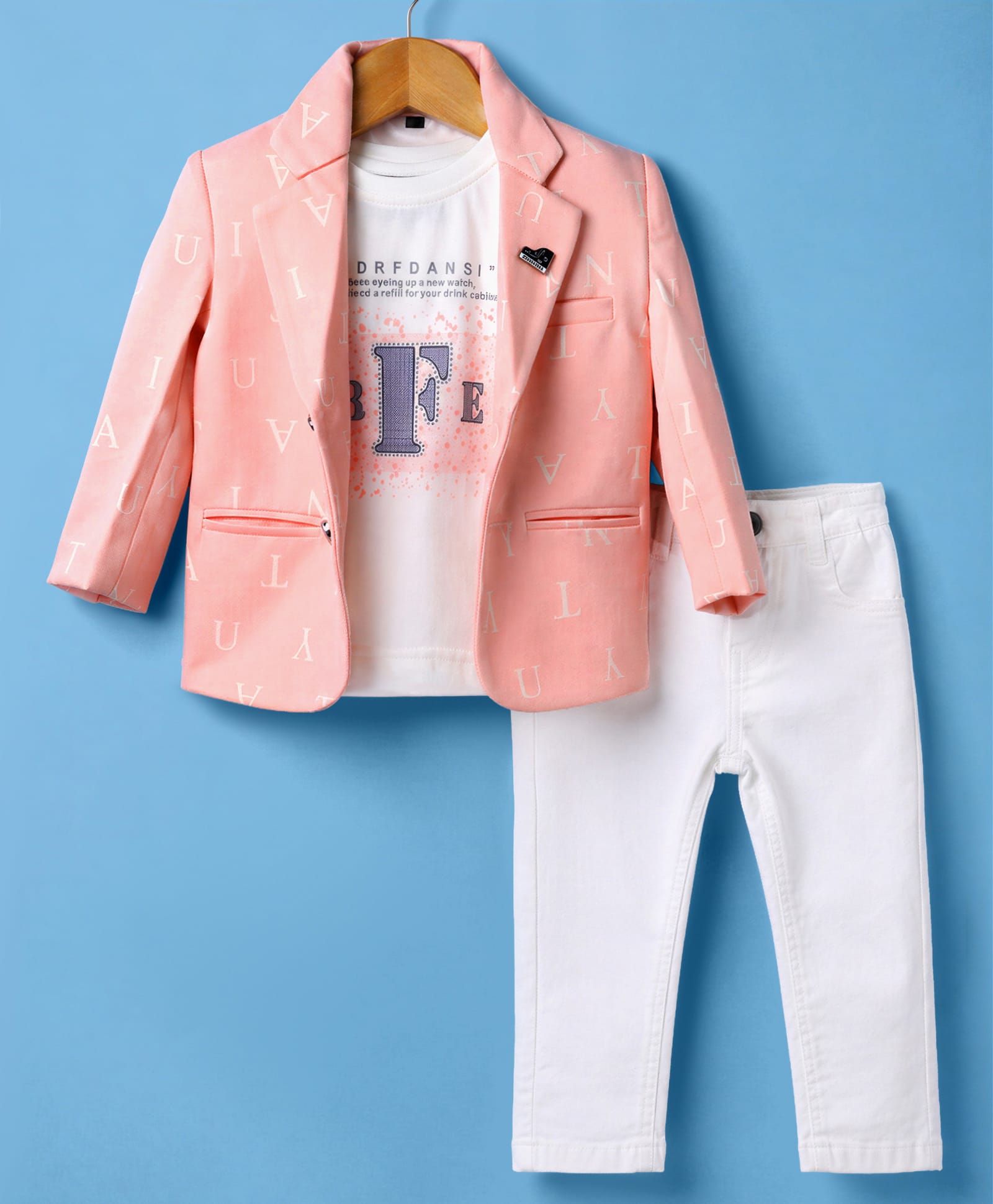Dapper Dudes Woven Full Sleeves Alphabets Printed Blazer With Typographic Tee & Trouser Set - Pink-picture-29