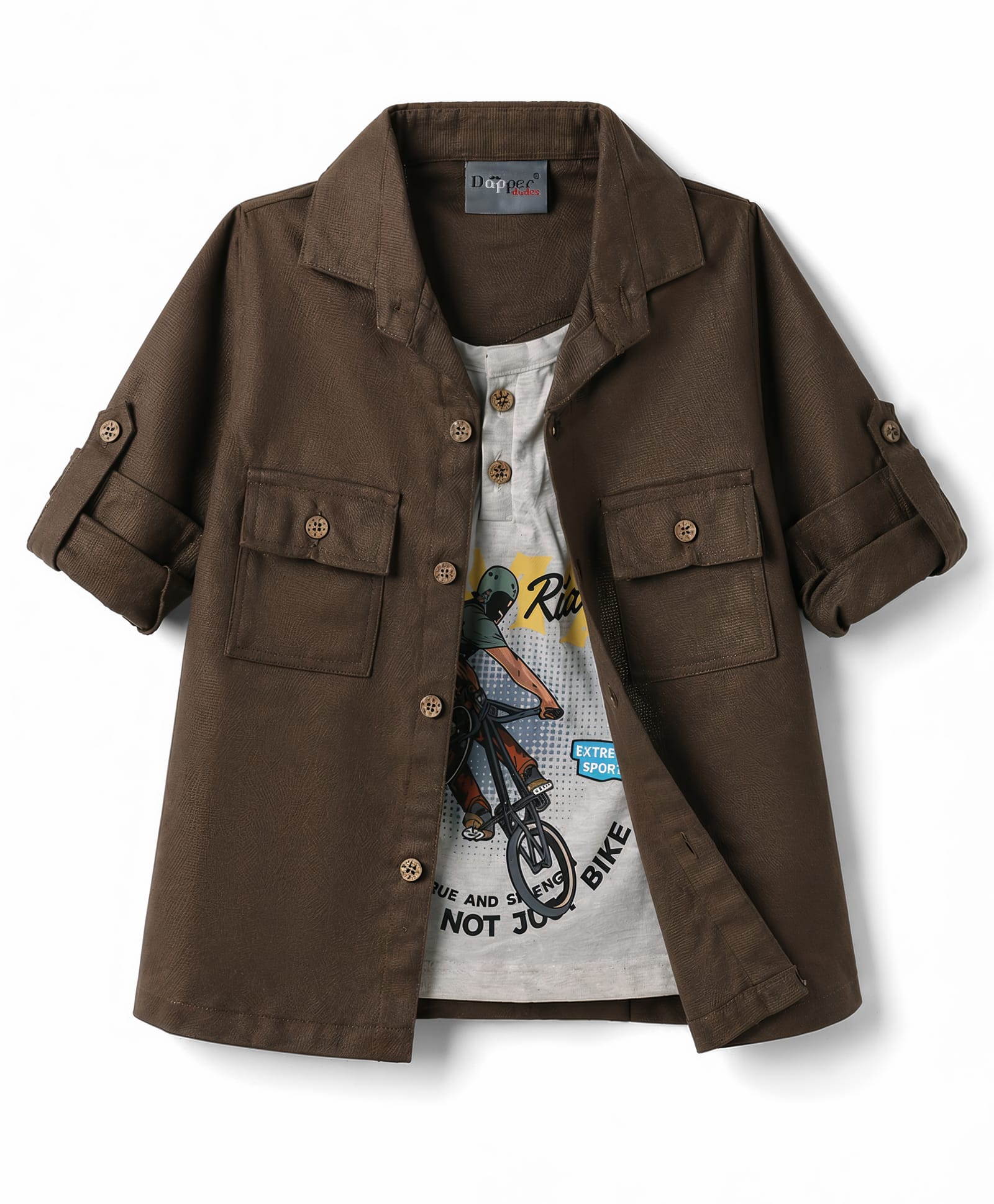 Dapper Dudes Cotton Woven Shirt Full Sleeves Solid with Attached Tee Brown 12-24 Months-picture-16