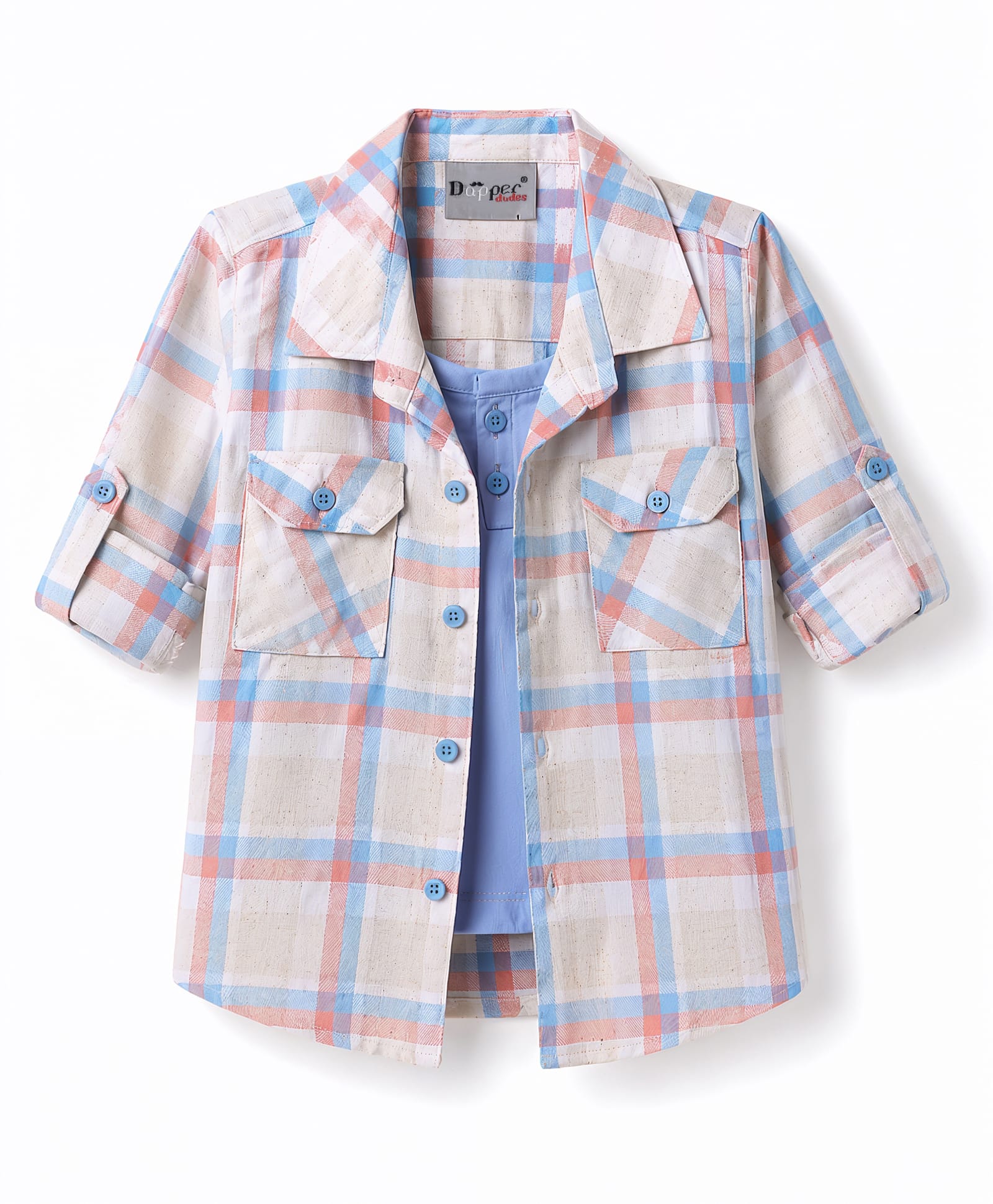 Dapper Dudes Cotton Woven Full Sleeves Checked Shirt With Attached Tee Light/Sky Blue 12-24 Months-picture-28