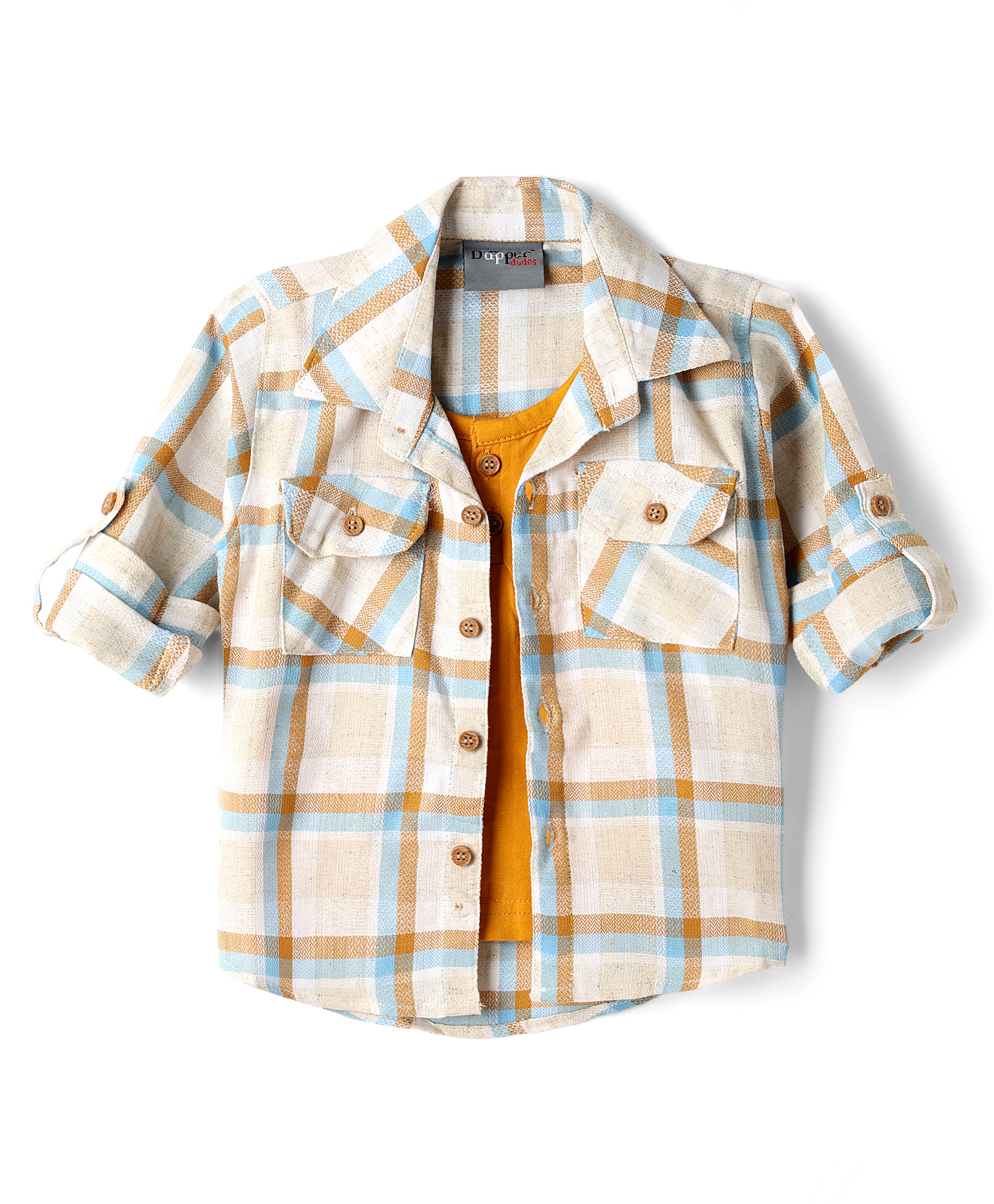 Dapper Dudes Cotton Woven Shirt Full Sleeves Checked with Attached Tee 1 Mustard 10-11 Years-image-36
