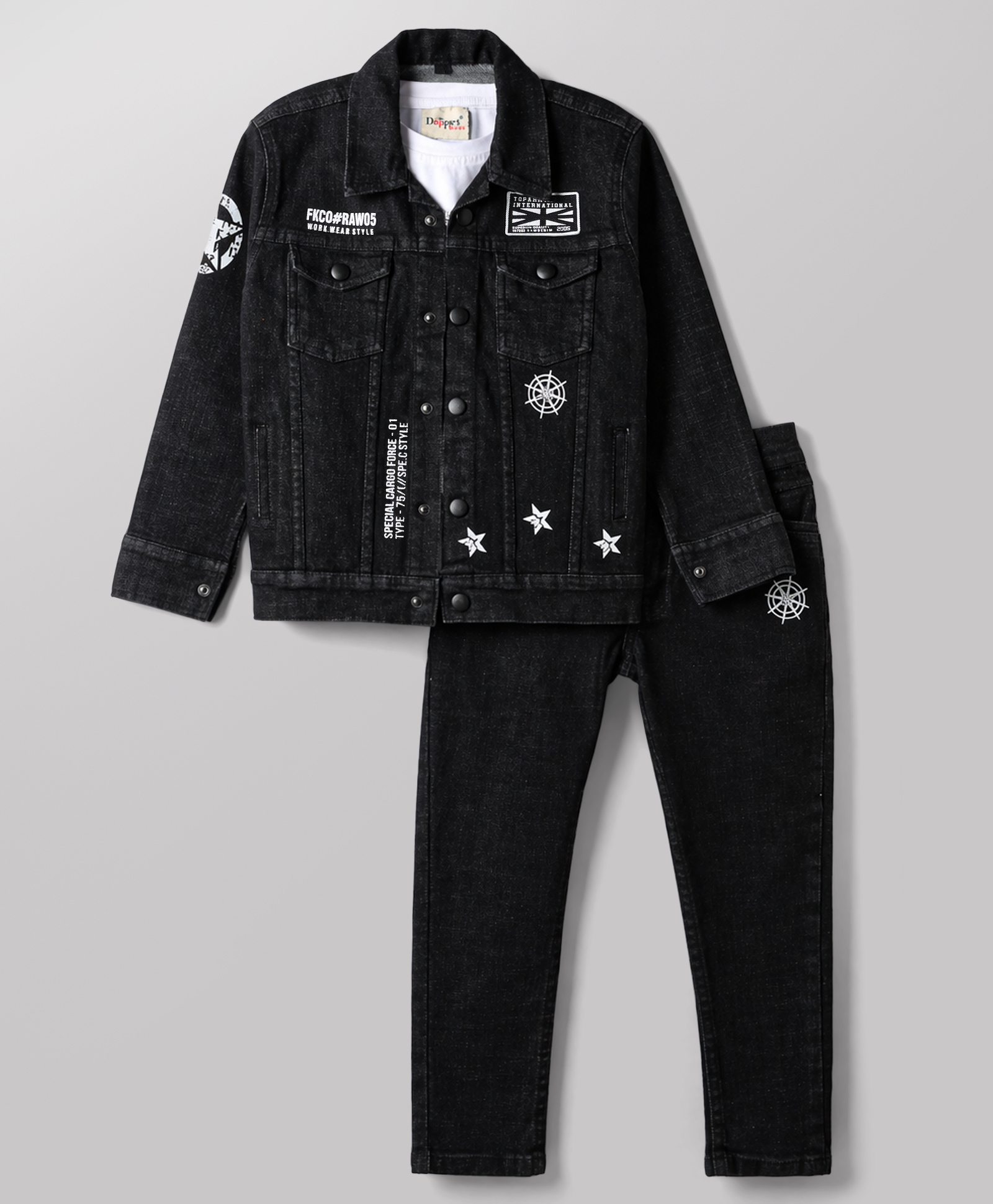 Dapper Dudes Woven Full Sleeves Printed Denim Jacket With Tee & Trouser Set - Black-image-28