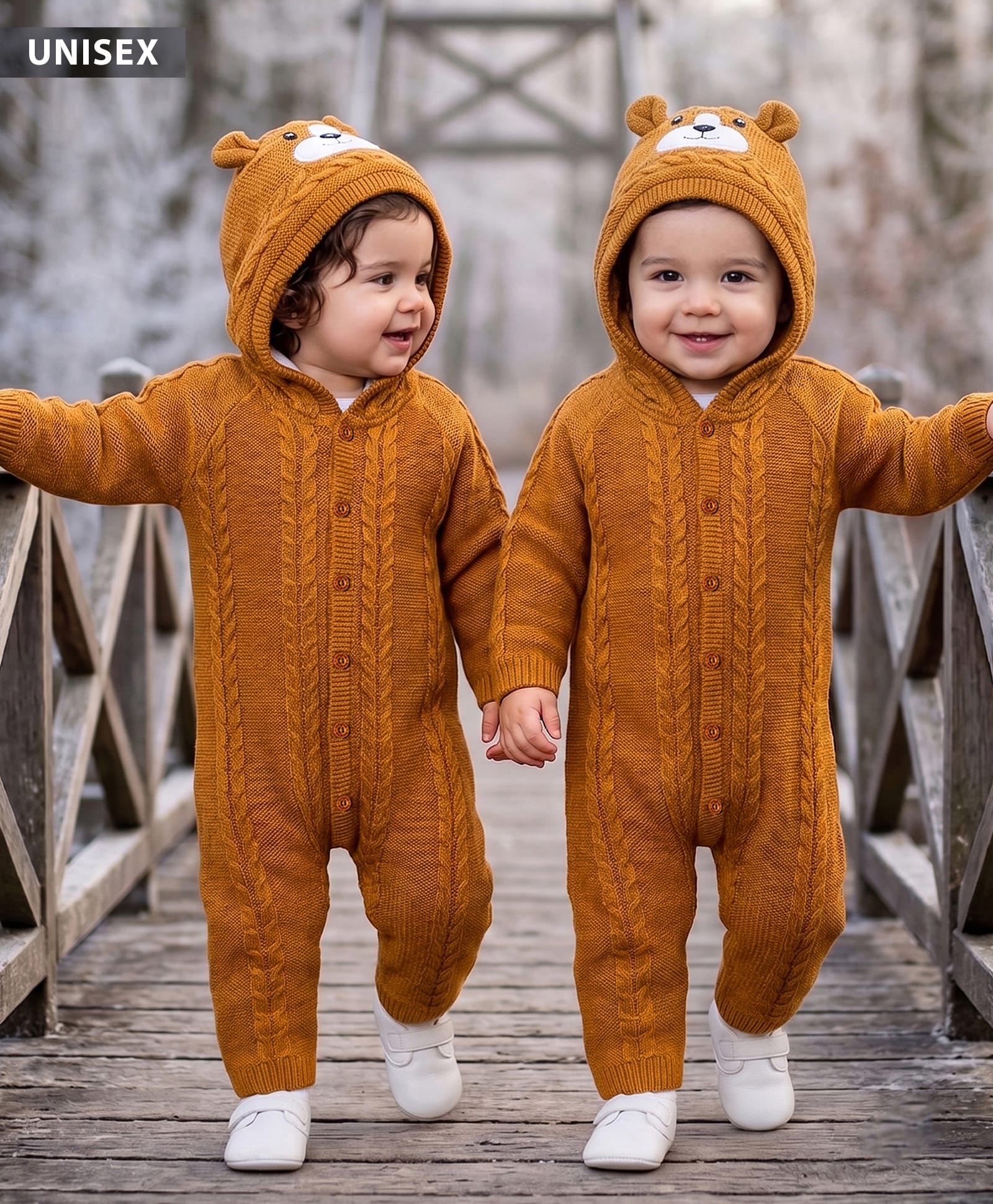 Babyhug Knit Full Sleeves Hooded Winter Wear Romper With Cable Knit Design & Bear Applique - Light Brown-image-19