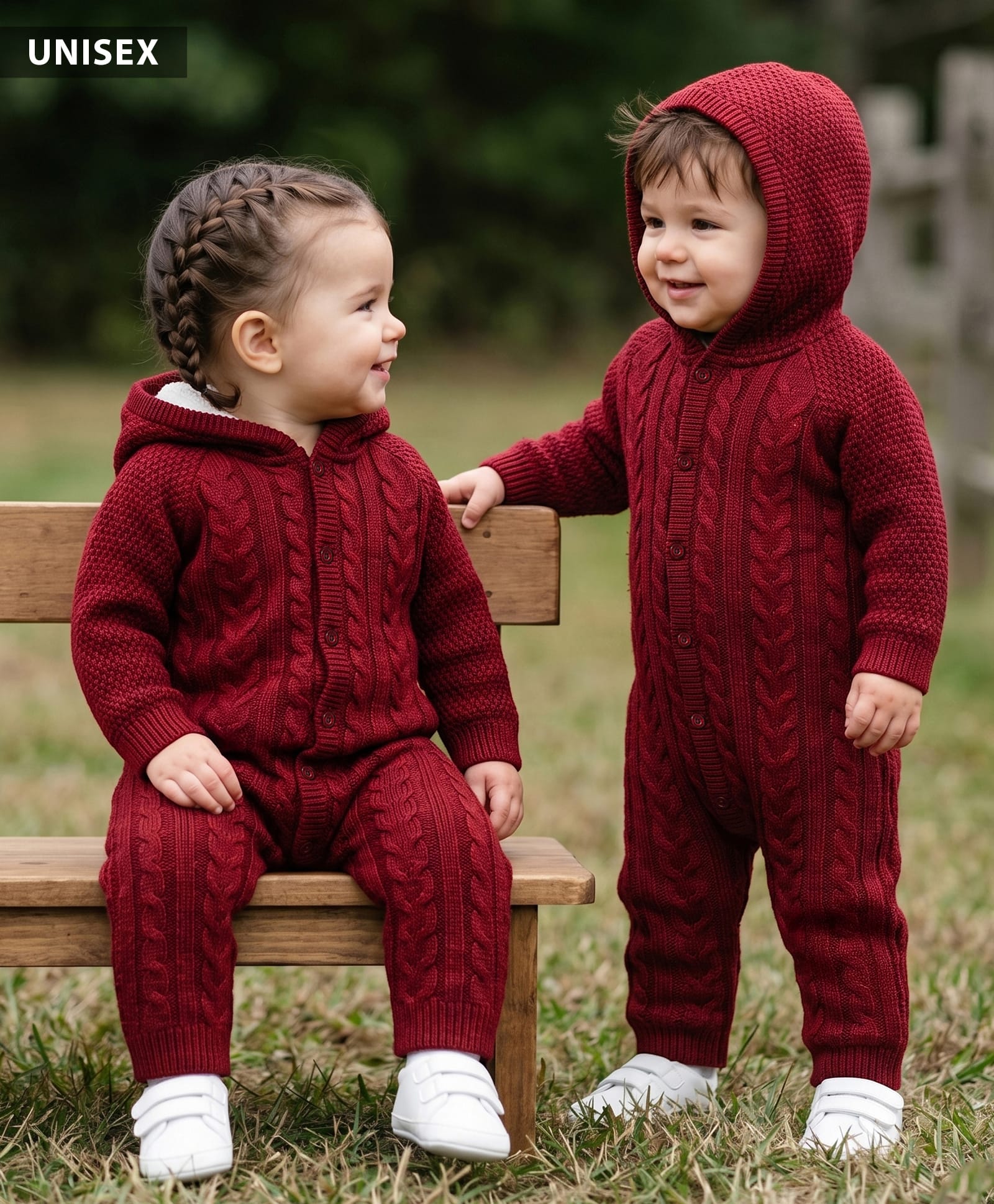 Babyhug Knit Full Sleeves Cable Knit Hooded Sweater Romper - Maroon-image-36