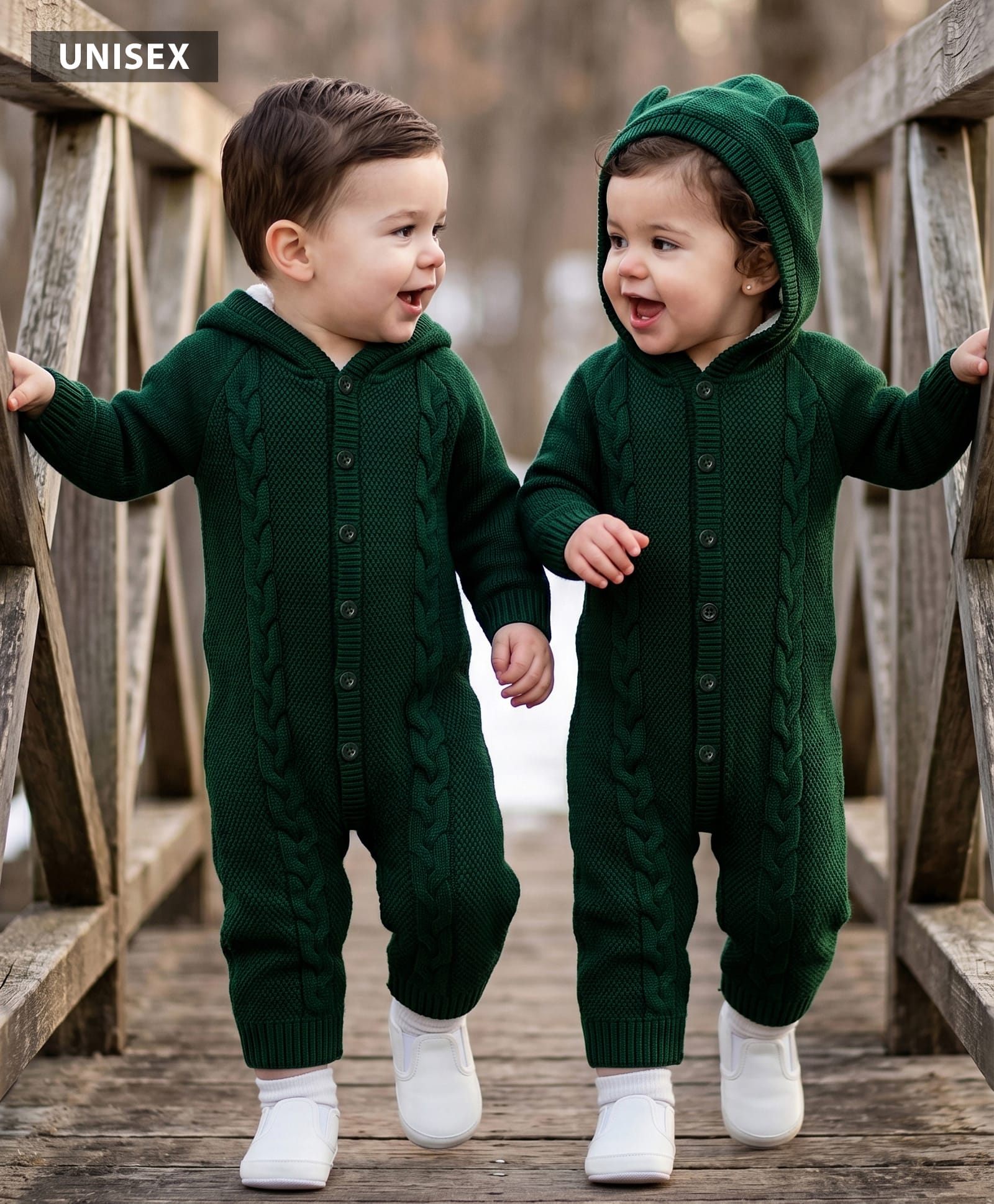Babyhug Knit Full Sleeves Hooded Winter Wear Romper With Cable Knit Design & Bear Ear Applique - Dark Green-picture-28