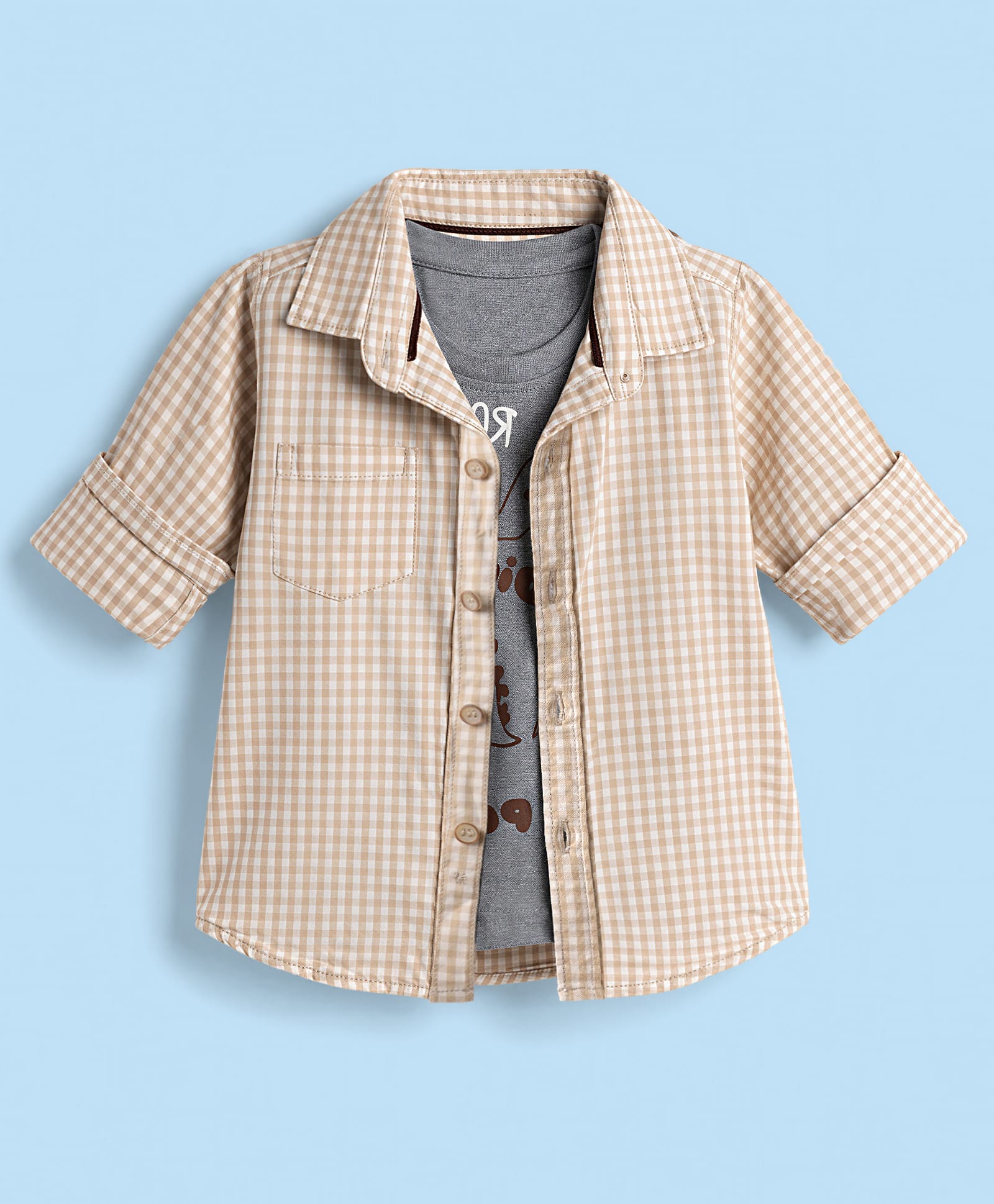 Dapper Dudes Cotton Woven Shirt with Dino Printed Tee Beige 3-4 Years-image-2