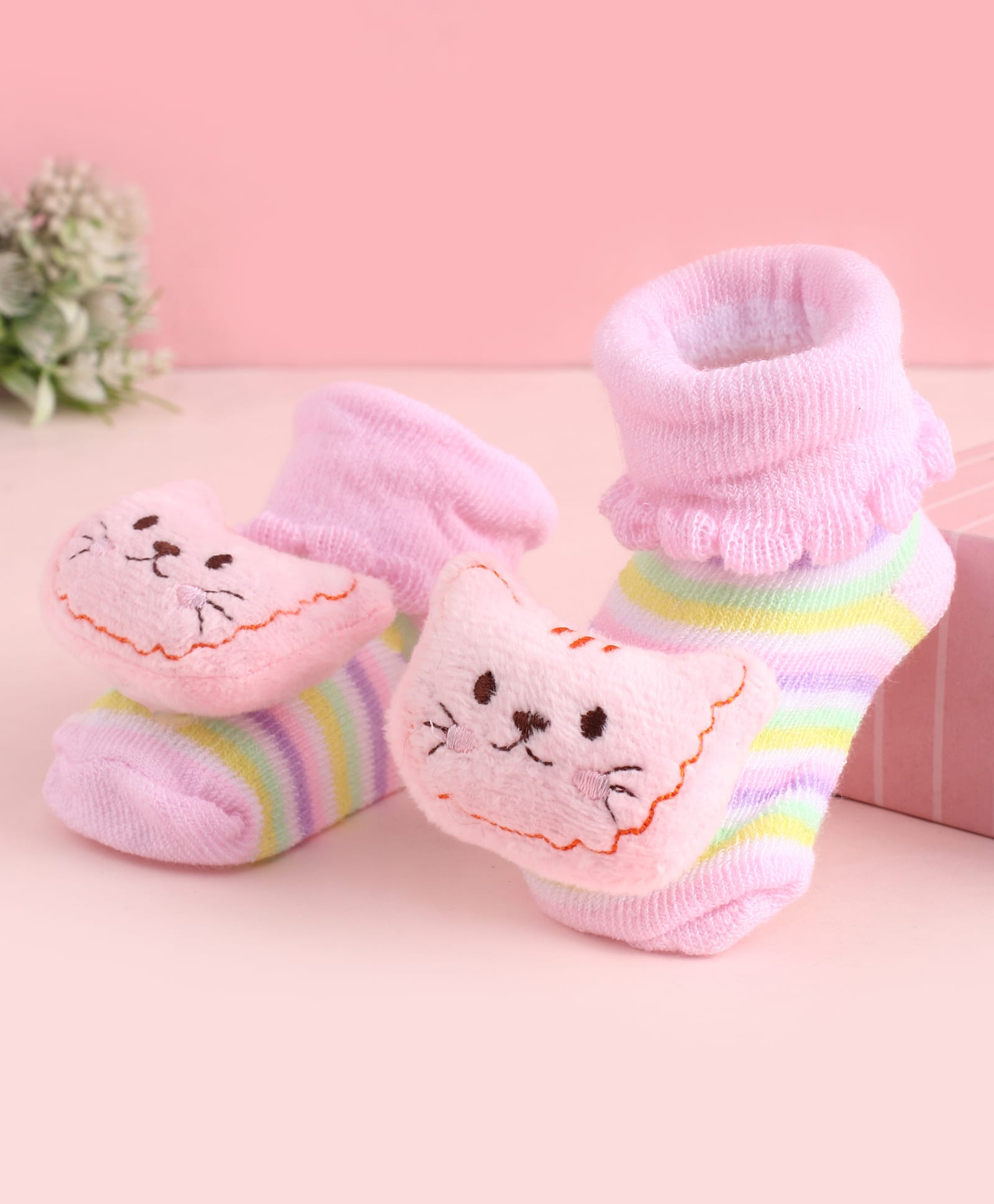 Cute Walk by Babyhug Fabric Striped Socks Shoes With Large Teddy Bear Applique - Pink-picture-26