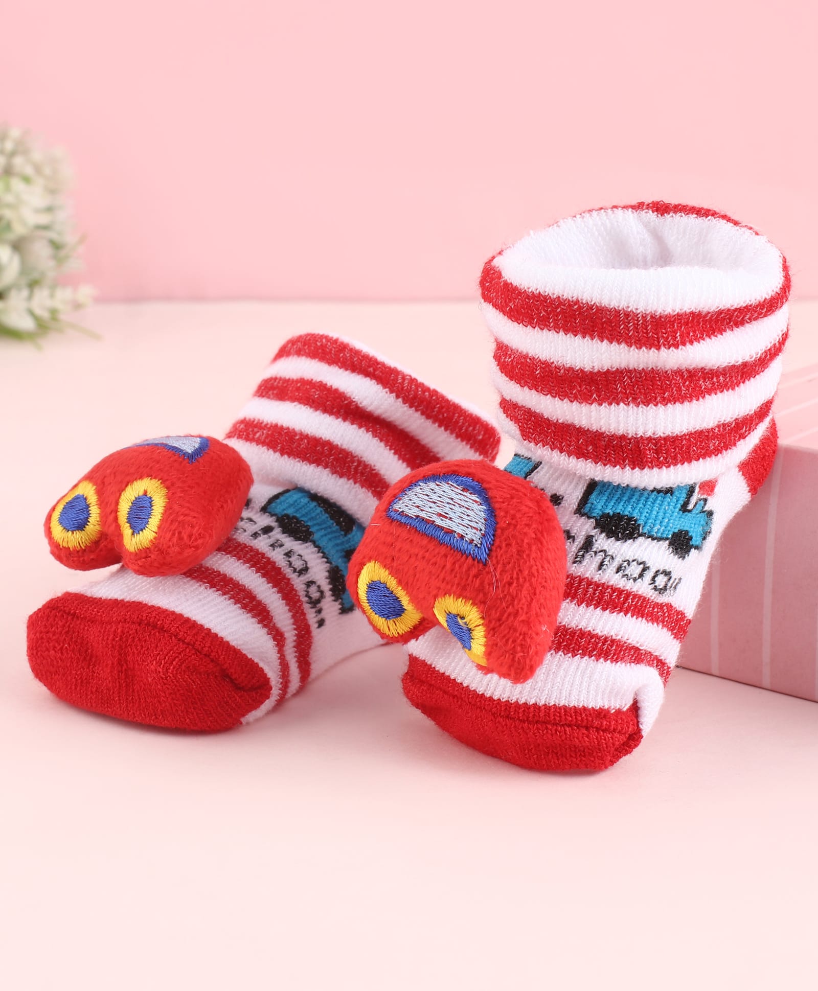 Cute Walk by Babyhug Fabric Striped Socks Shoes With Large Vehicle Applique - Red-picture-12