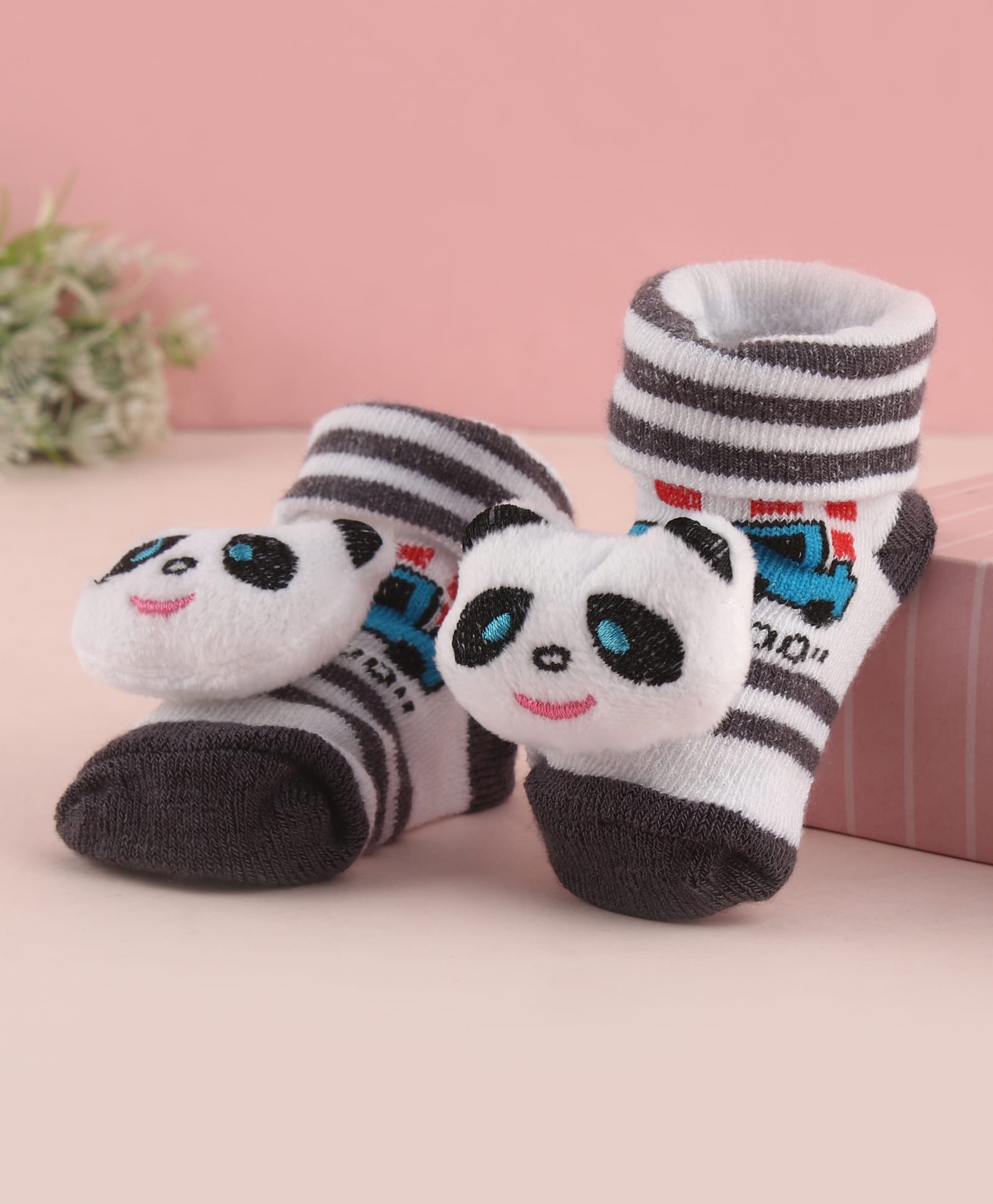 Cute Walk by Babyhug Socks with Large Panda Applique with Stripes & Vehicle Design - Black-picture-19