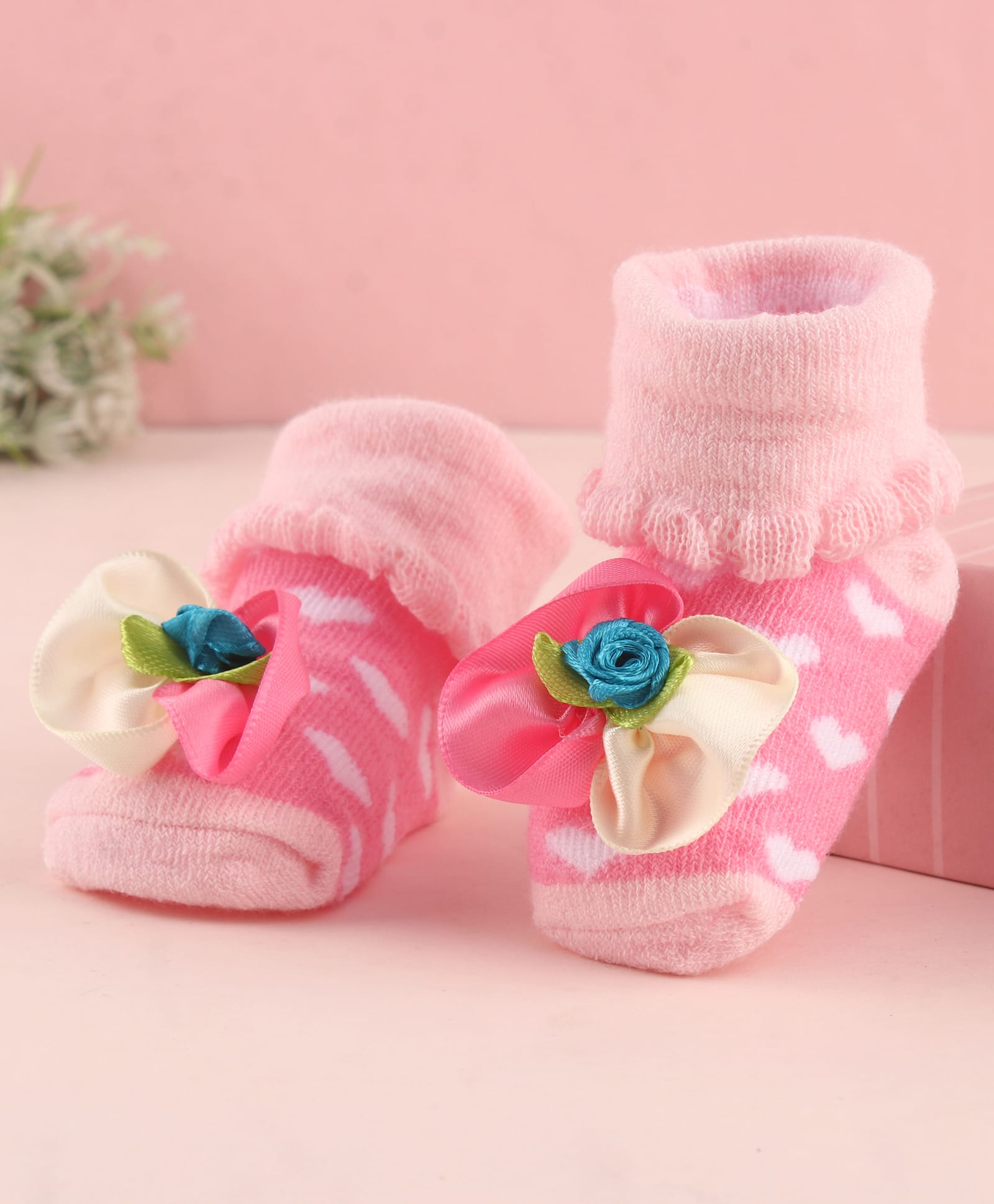 Cute Walk by Babyhug Large Floral Applique Sock Shoes With Hearts Design - Pink-image-6