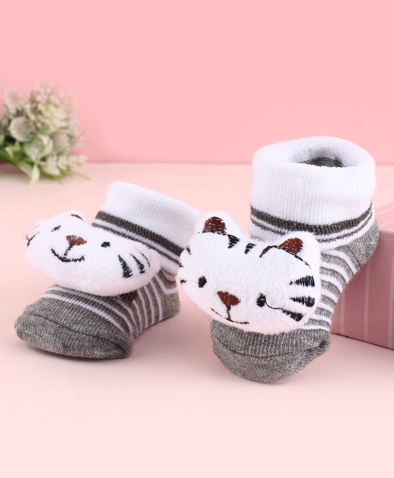 Cute Walk by Babyhug Fabric Socks Shoes With Strips & Large Animal Print - Black & White-picture-21