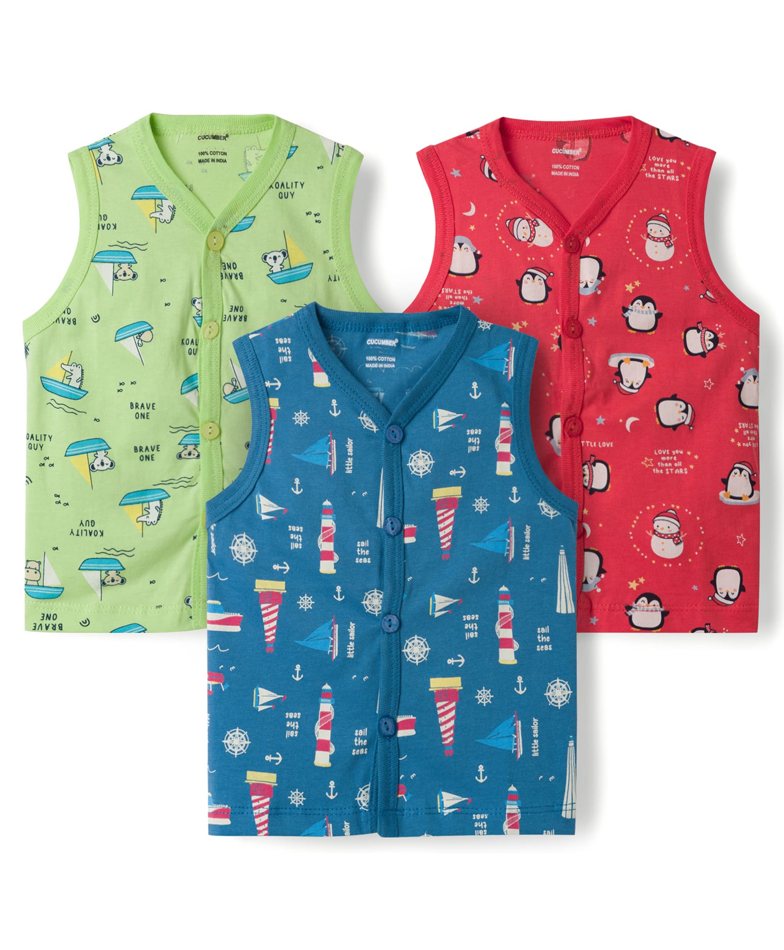 CUCUMBER Sinker Knit Sleeveless Printed Jhablas Pack of 3 - Green Navy Blue & Red-image-47