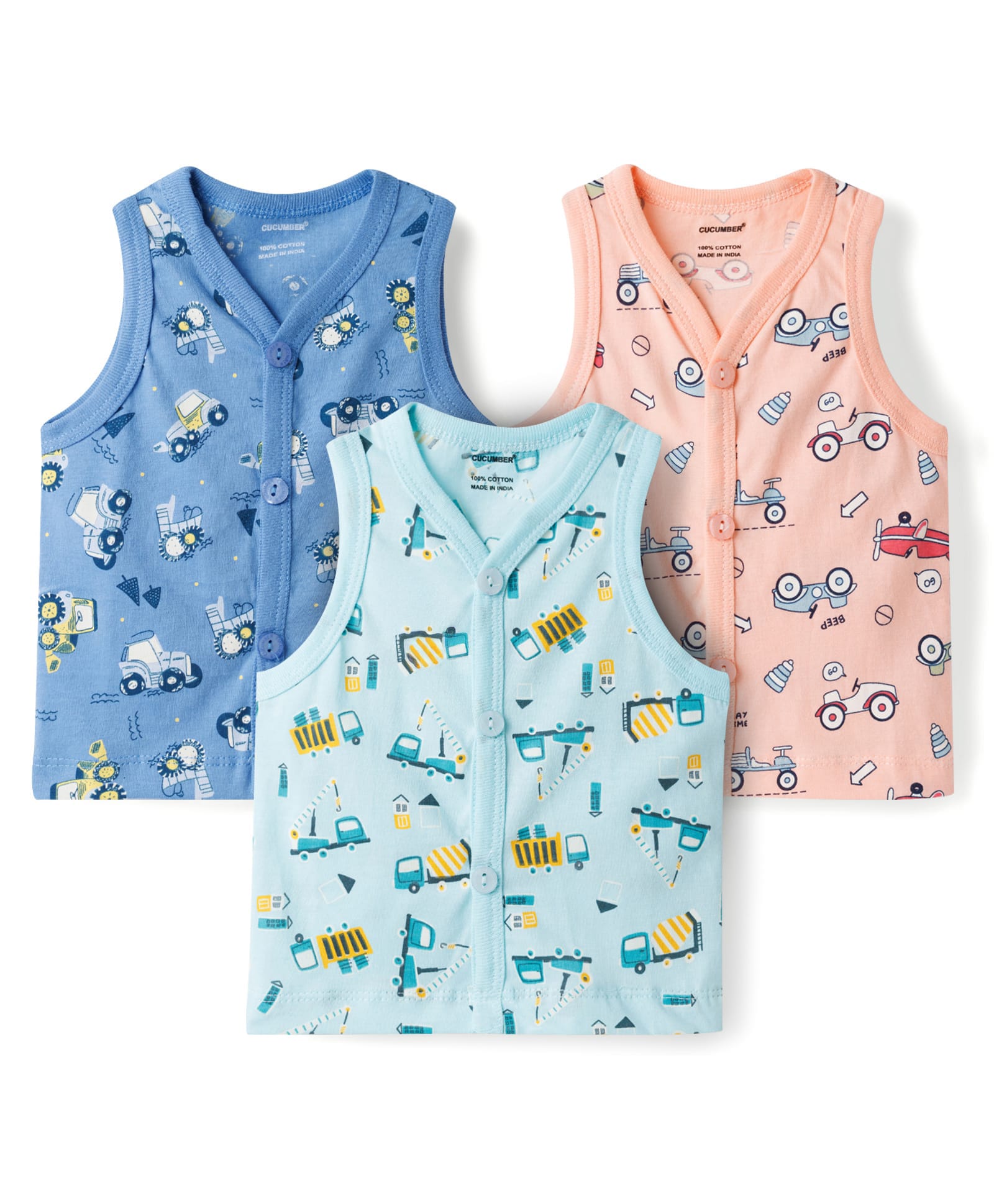 CUCUMBER Sinker Knit Sleeveless Car Printed Jhablas Pack of 3 - Pink Mint & Blue-picture-23