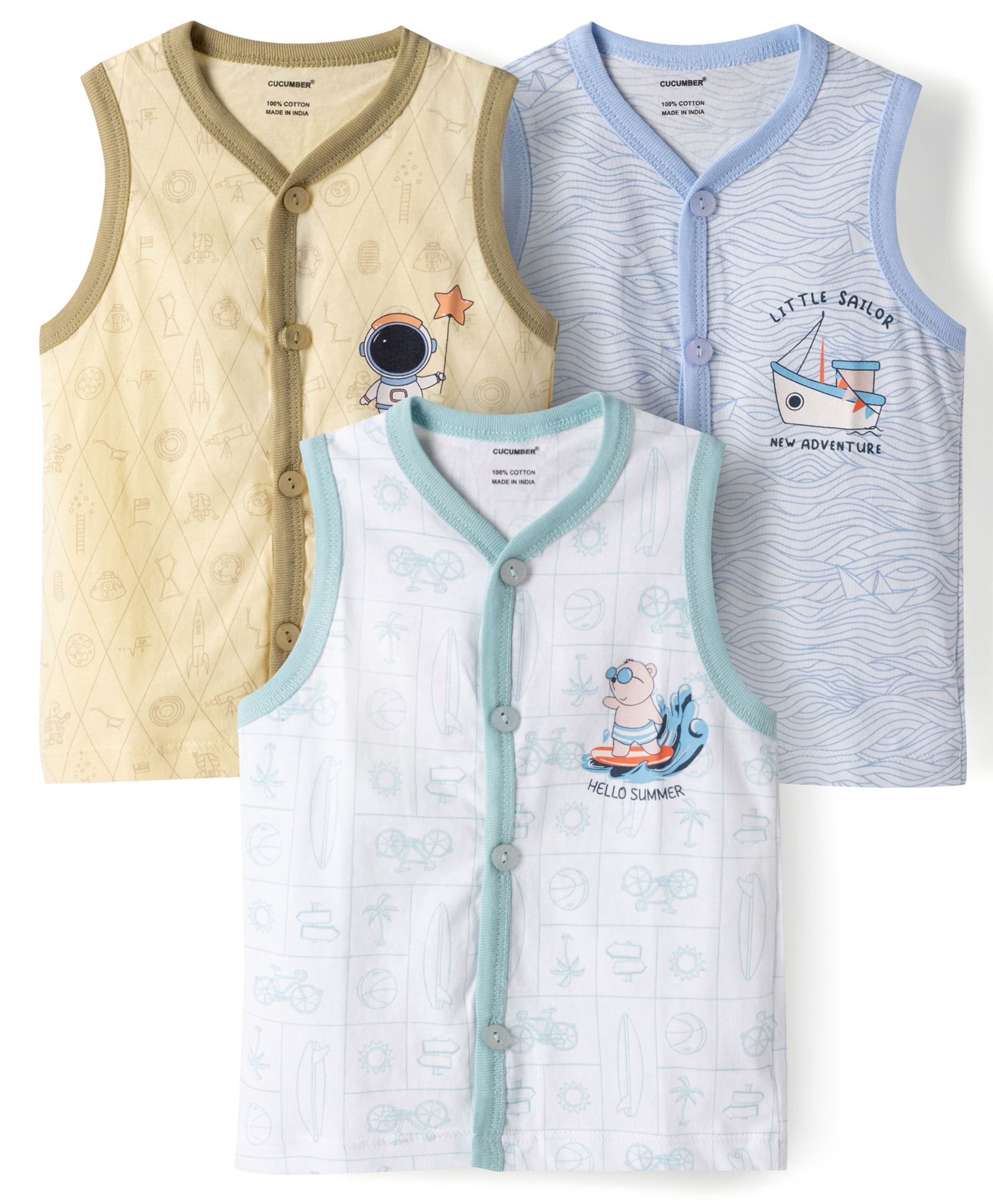 CUCUMBER Sinker Knit Sleeveless Space & Nautical Theme Printed Jhablas Pack of 3 - Light Blue White & Light Yellow-picture-29