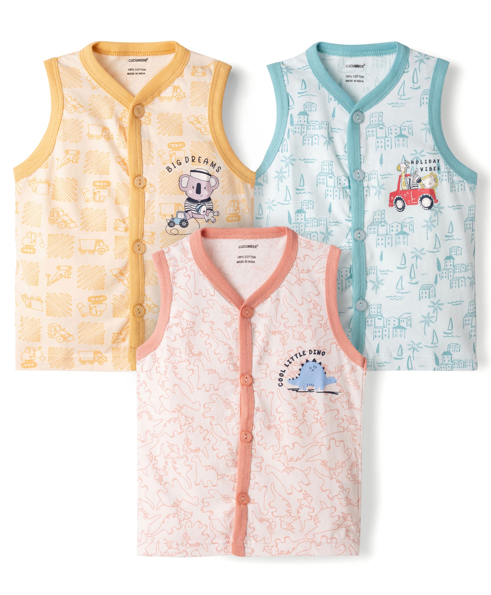 CUCUMBER Sinker Knit Sleeveless Printed Jhablas Pack of 3 - Baby Pink Cream & Blue-image-34