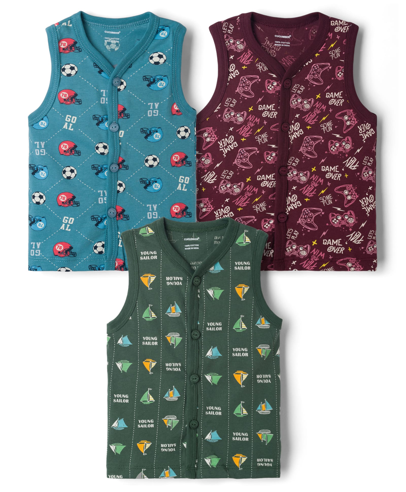 CUCUMBER Sinker Knit Sleeveless Printed Jhablas Pack of 3 - Dark Green Blue & Maroon-picture-12