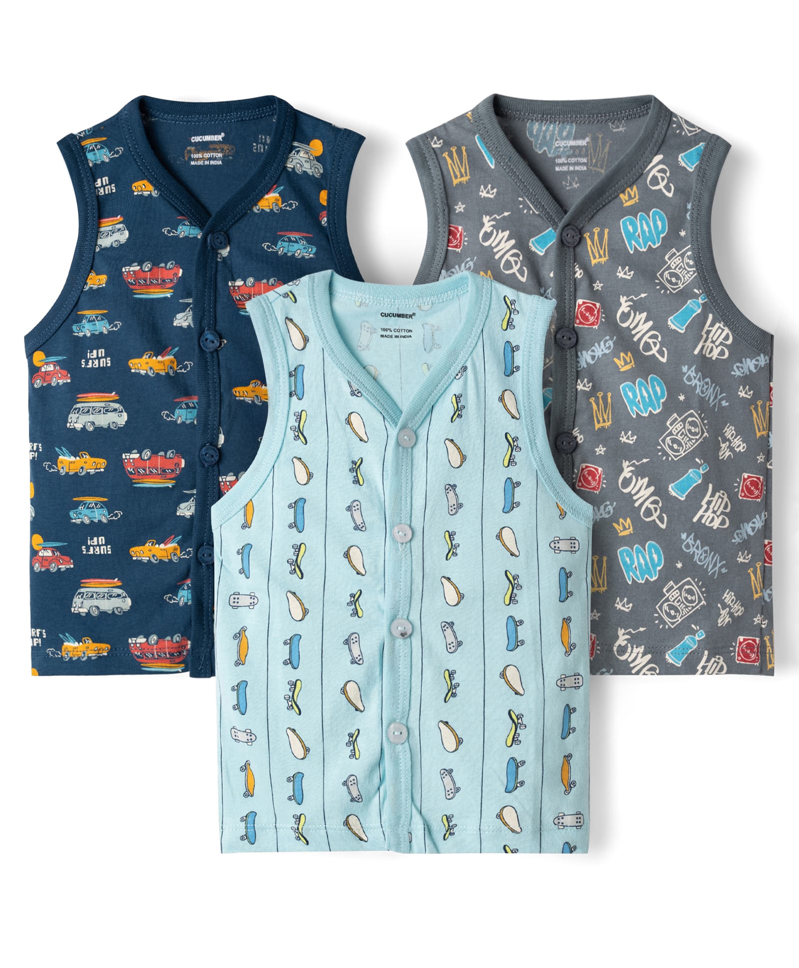 CUCUMBER Sinker Knit Sleeveless Printed Jhablas Pack of 3 - Blue & Grey-picture-16