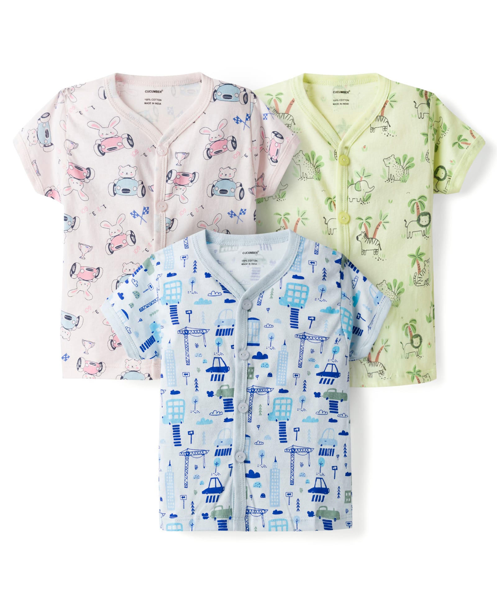 CUCUMBER Sinker Knit Half Sleeves Printed Jhablas Pack of 3 - Pink Green & Blue-picture-23