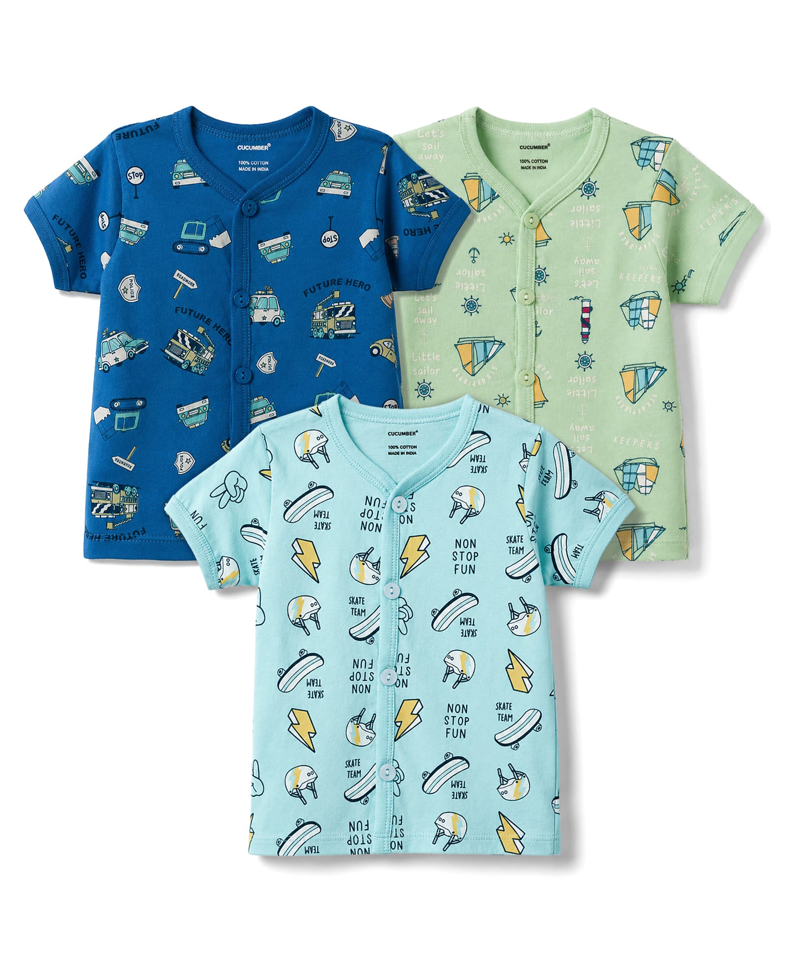 CUCUMBER Sinker Knit Half Sleeves Construction Vehicles & Nautical Theme Printed Vests Pack Of 3 - Blue & Light Green-image-46