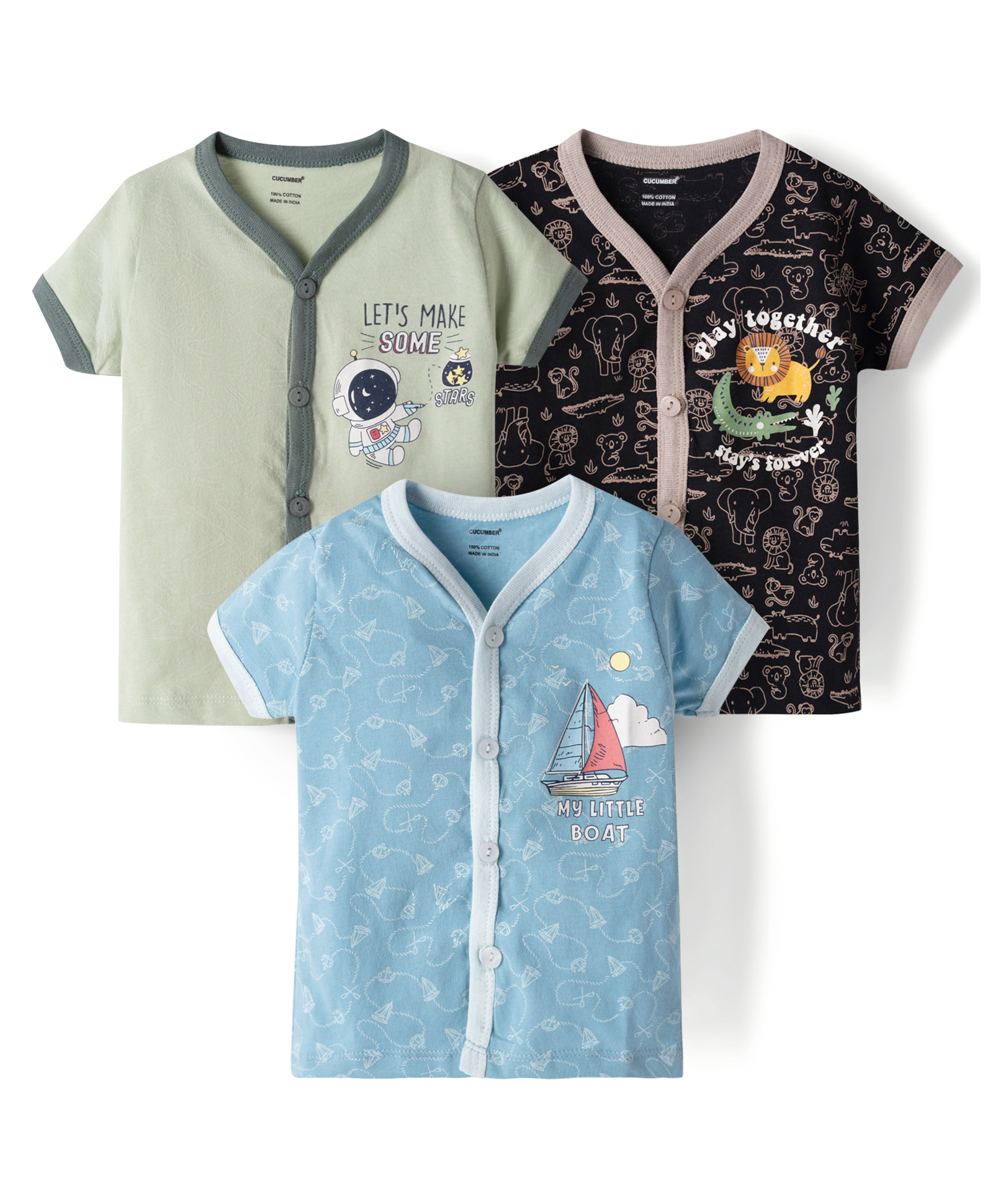 CUCUMBER Sinker Knit Half Sleeves Space & Nautical Theme & Animal Printed Jhablas Pack Of 3 - Light Blue Black & Light Green-image-19