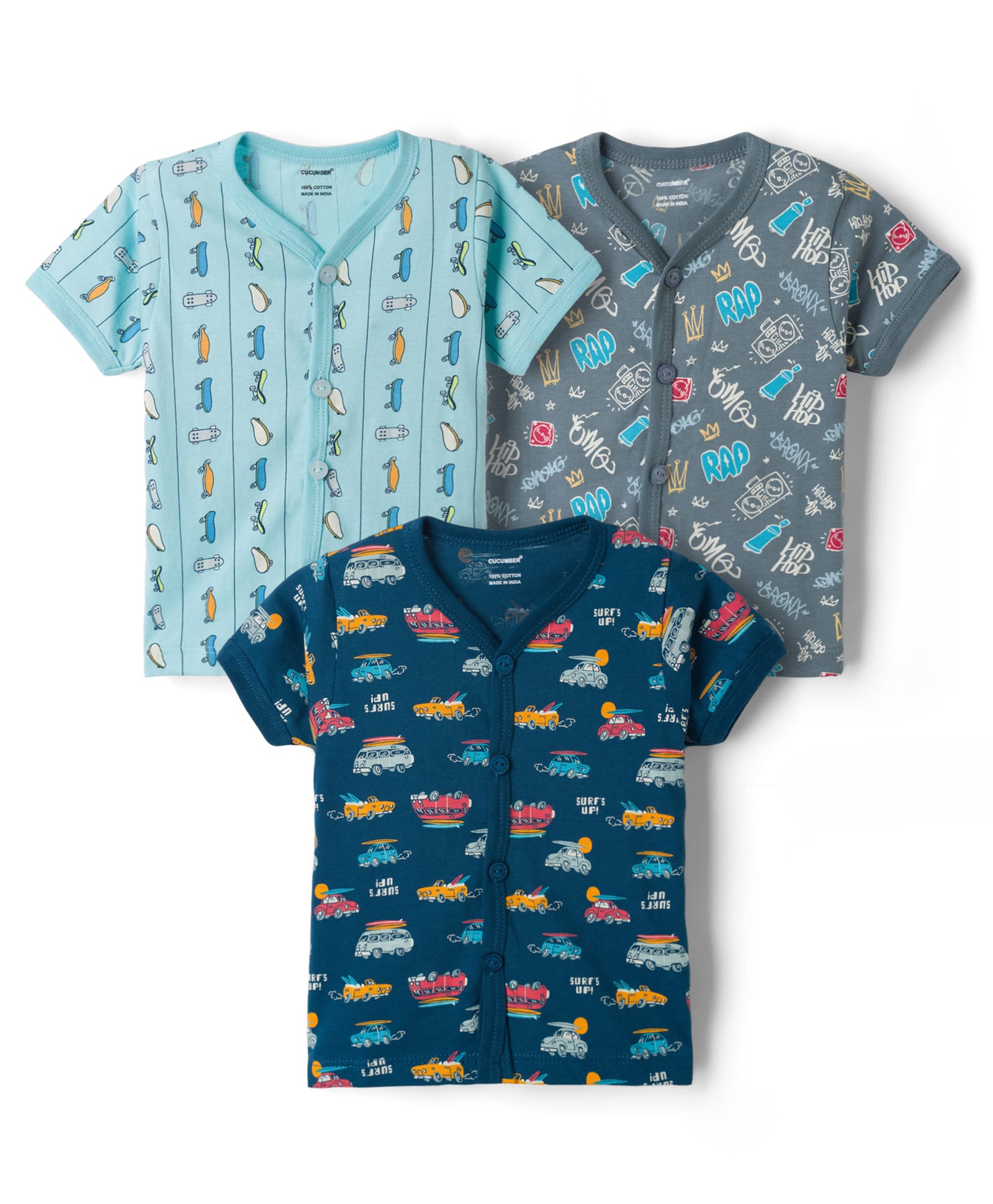 CUCUMBER Sinker Knit Half Sleeves Printed Jhablas Pack of 3 - Blue & Grey-image-39