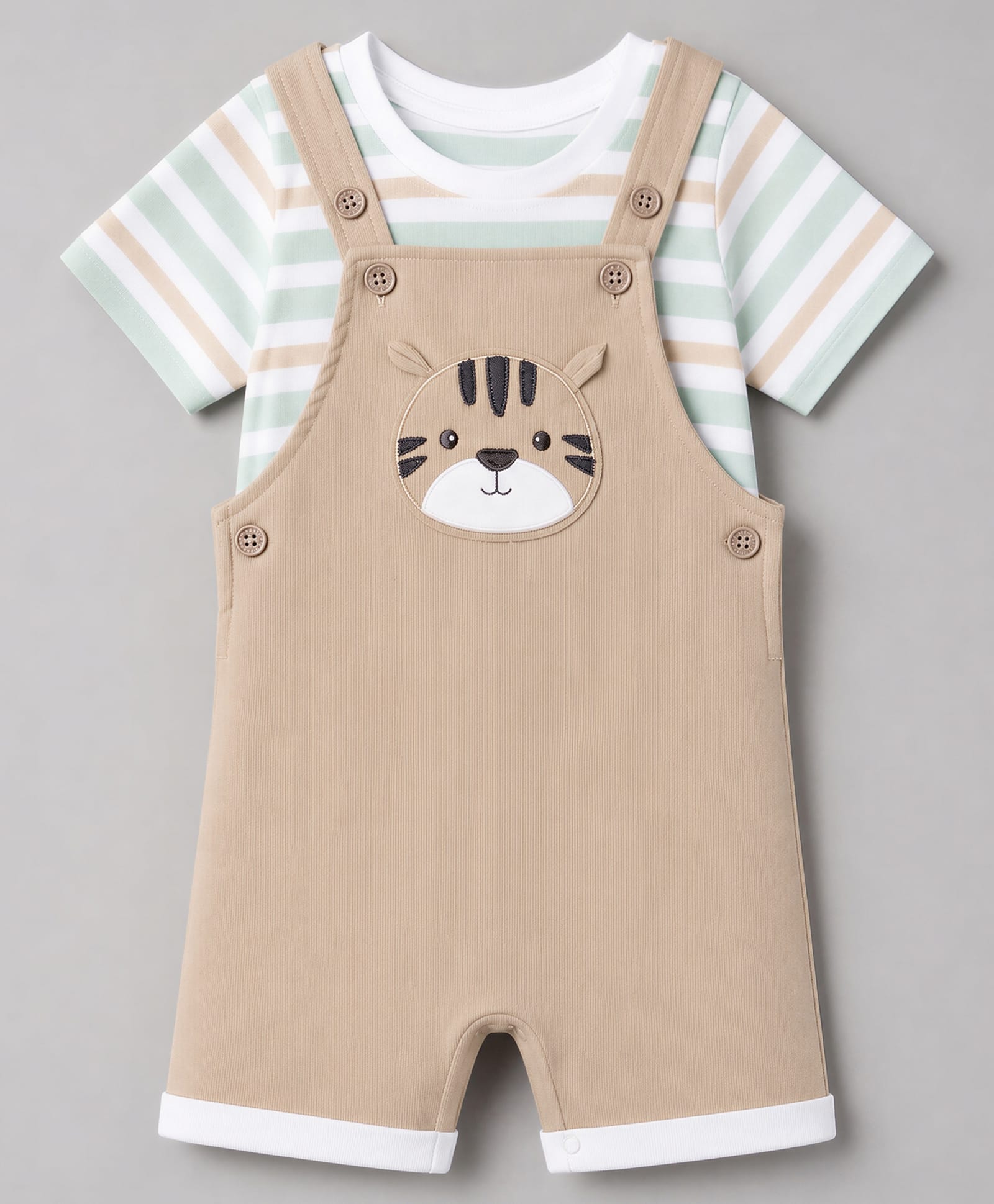 Babyhug 100% Cotton Knit Half Sleeves Striped & Tiger Embroidered Dungaree With Inner Tee - Beige-image-48