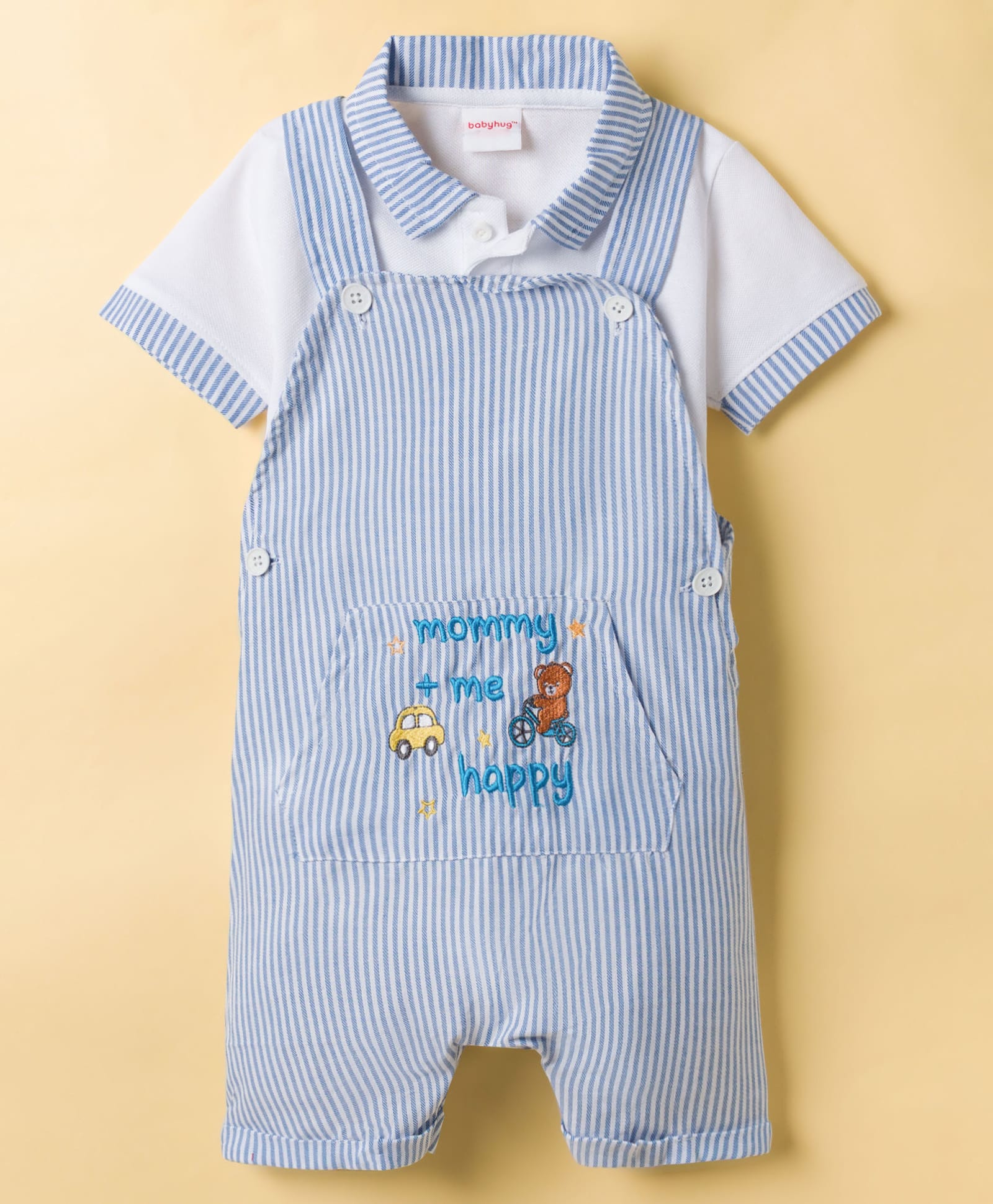 Babyhug Chambray Woven Half Sleeves Dungarees Sets With Stripes & Bear Embroidery - White & Light Blue-image-14