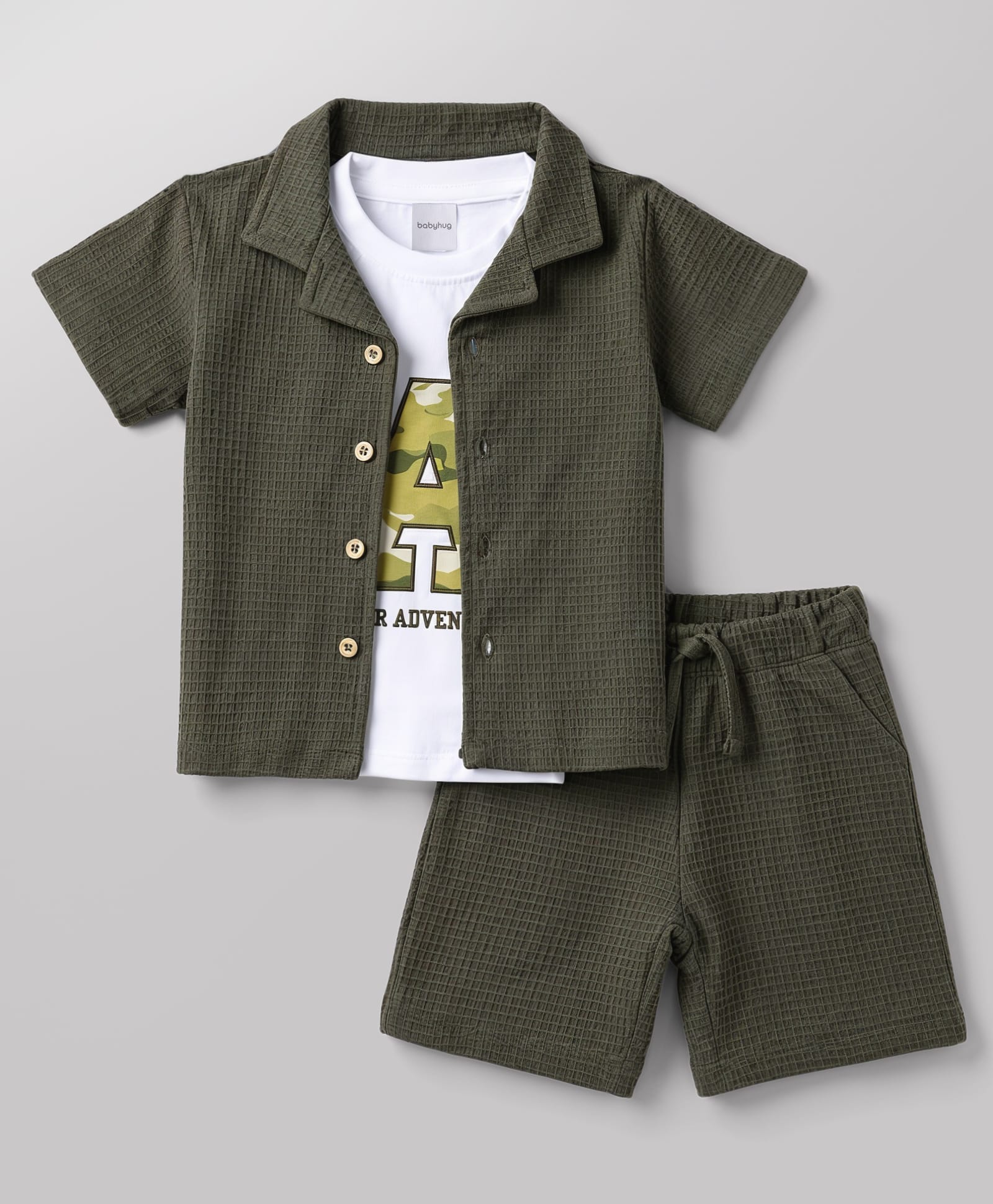 Babyhug Waffle Knit Half Sleeves Shirt & Shorts Set With Text Printed Inner Tee - Olive Green-image-32