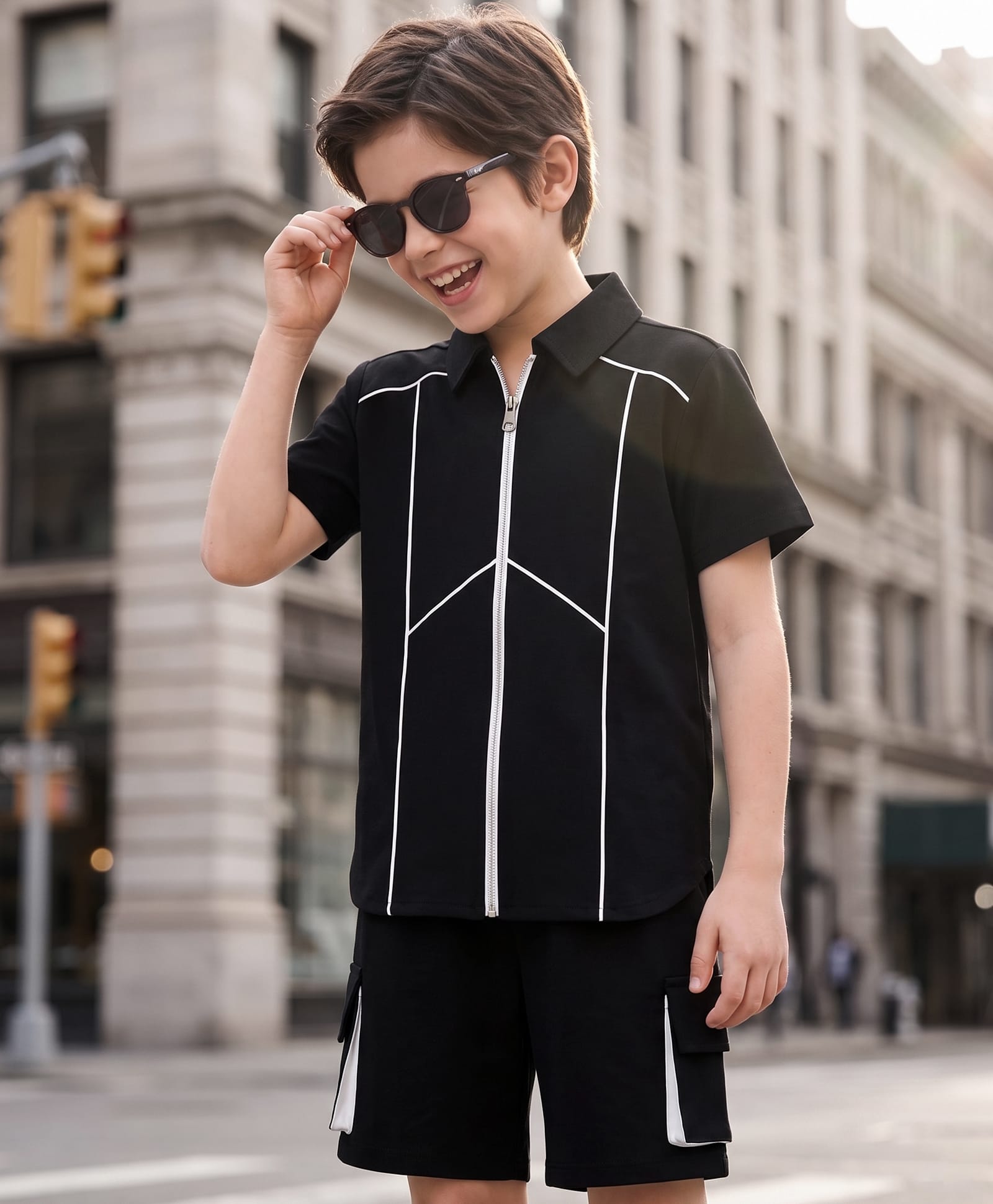 OLLINGTON ST. Taffeta Woven Half Sleeve Shirt & Shorts With Piping Details - Navy Blue-picture-12