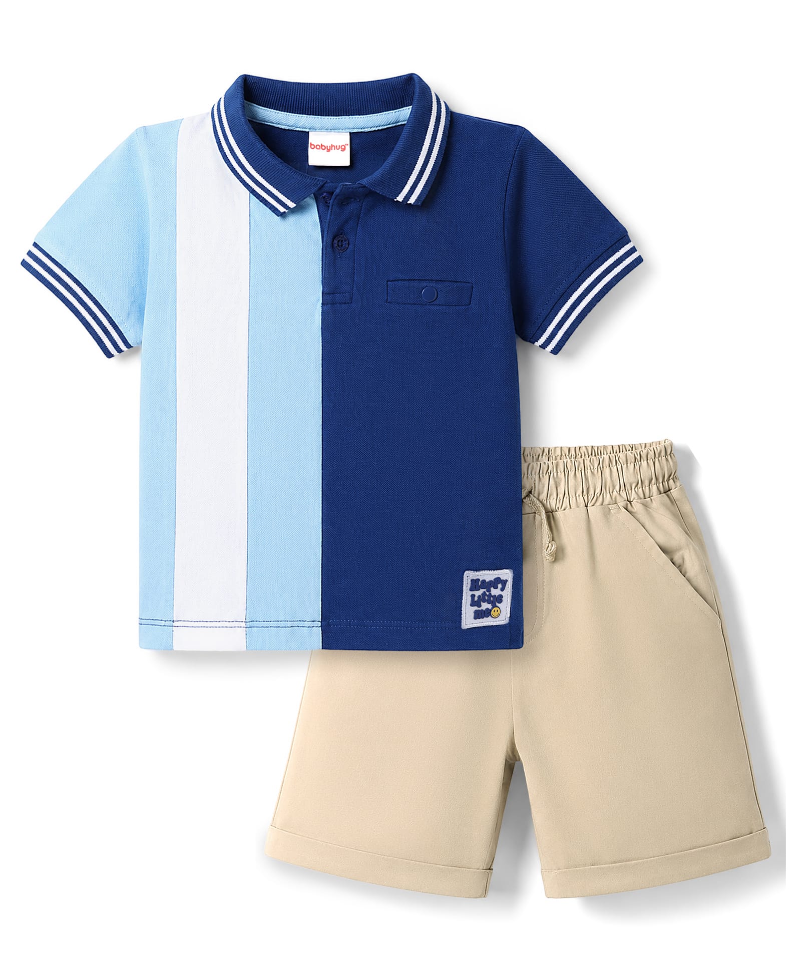 Babyhug Cotton Single Jersey Knit Half Sleeves Striped Polo T-Shirt & Shorts Set - Blue Beige-picture-27