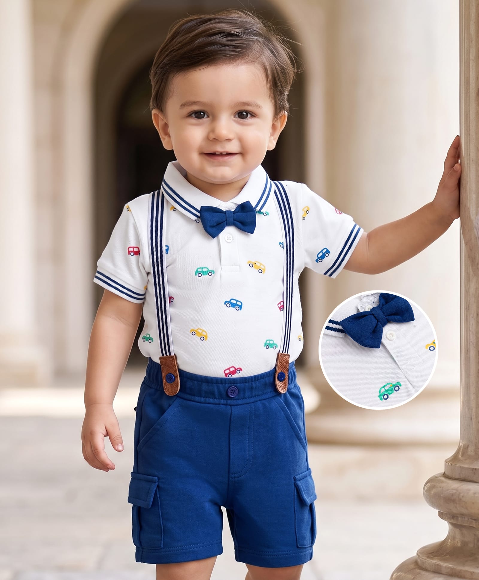 Babyhug Single Jersey Knit Half Sleeves Car Printed Polo T-Shirt and Shorts Set with Attached Bow & Suspender - White-picture-28