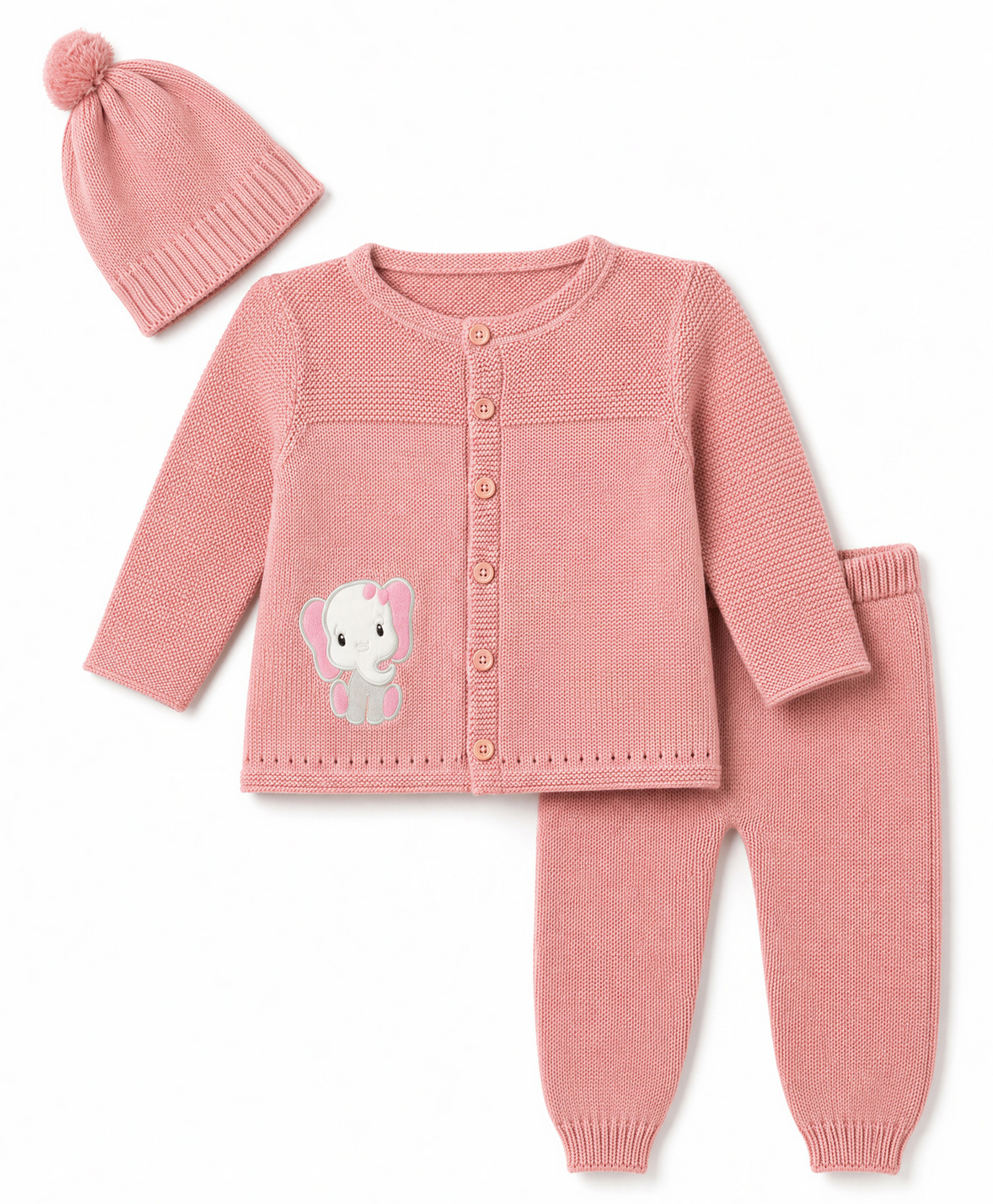 Babyhug Cotton Knit Full Sleeves Elephant Patch Sweater set with Cap - Light Pink-image-21