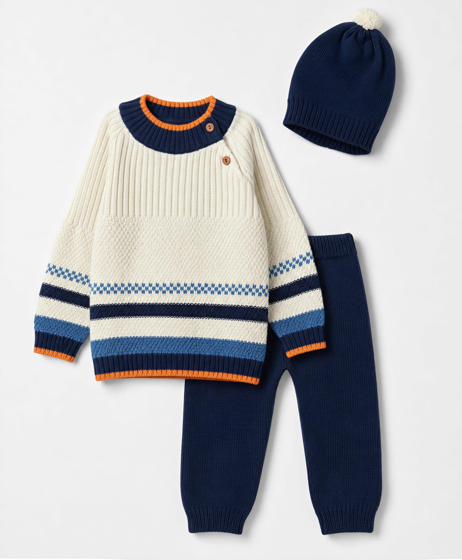 Babyhug Natural Cotton Knit Full Sleeves Striped Sweater set with Cap - Navy Blue-image-19