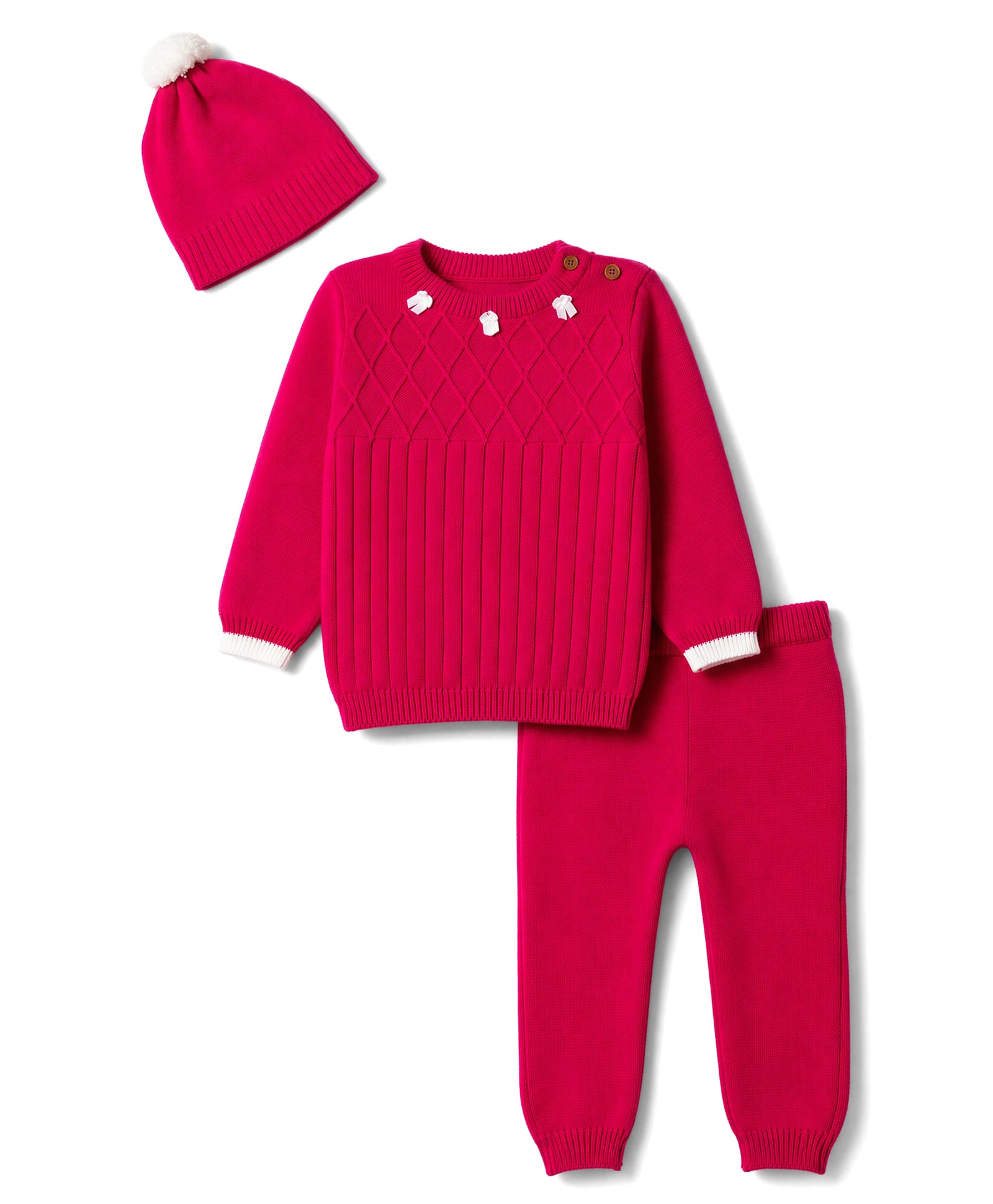 Babyhug Female Cotton Knit Full Sleeves Bow Applique Sweater set with Cap - Dark pink-image-14