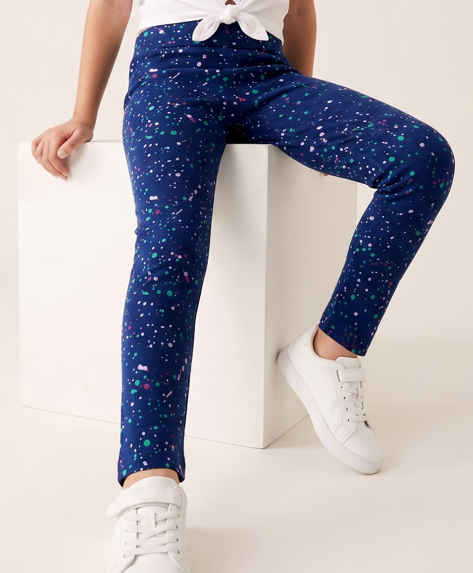 Pine Kids Cotton Lycra Knit Full Length Leggings with Colour Splash Print - Navy Blue-image-24