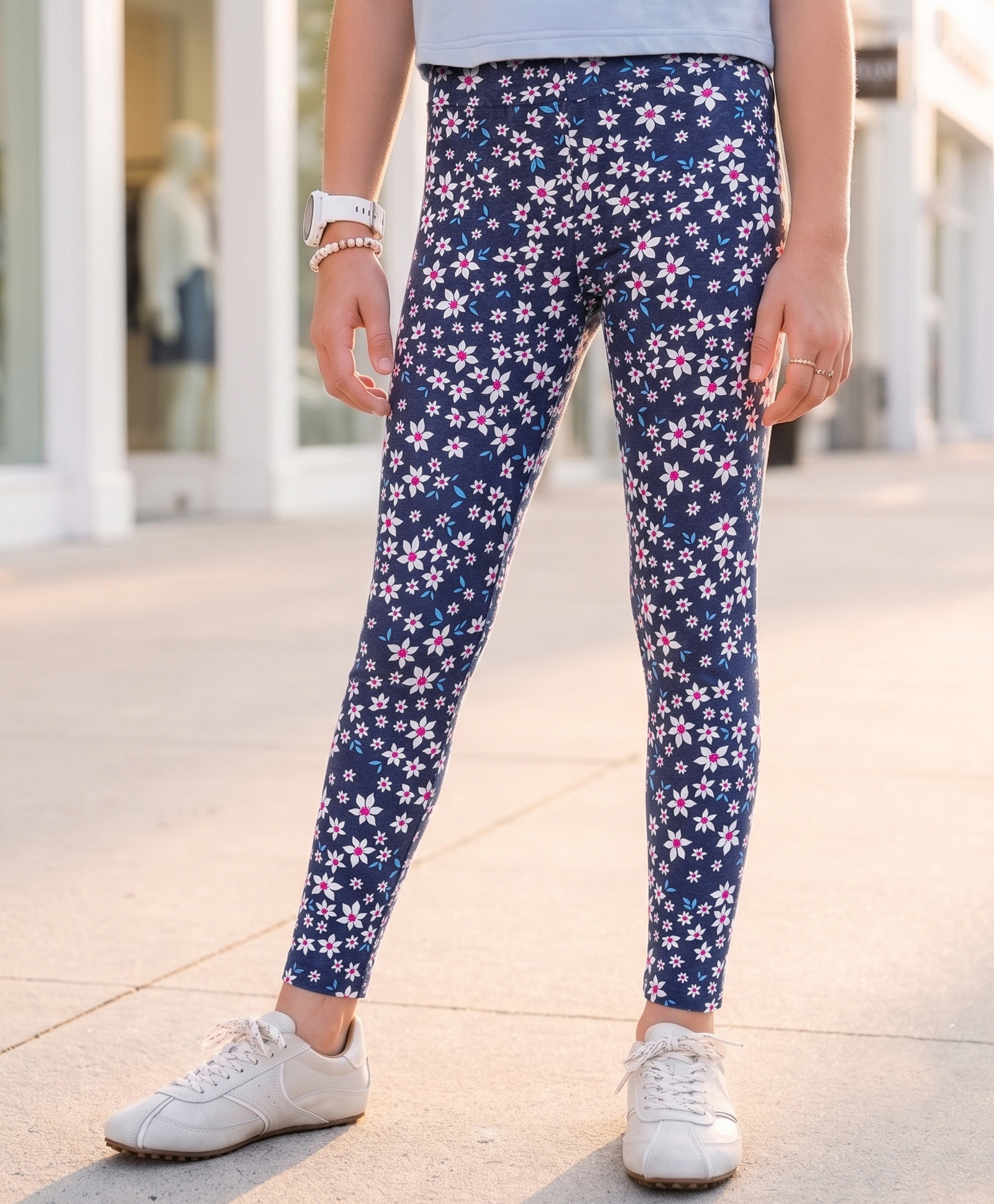 Pine Kids Cotton Lycra Knit Full Length Floral Printed Leggings - Navy Blue-picture-23
